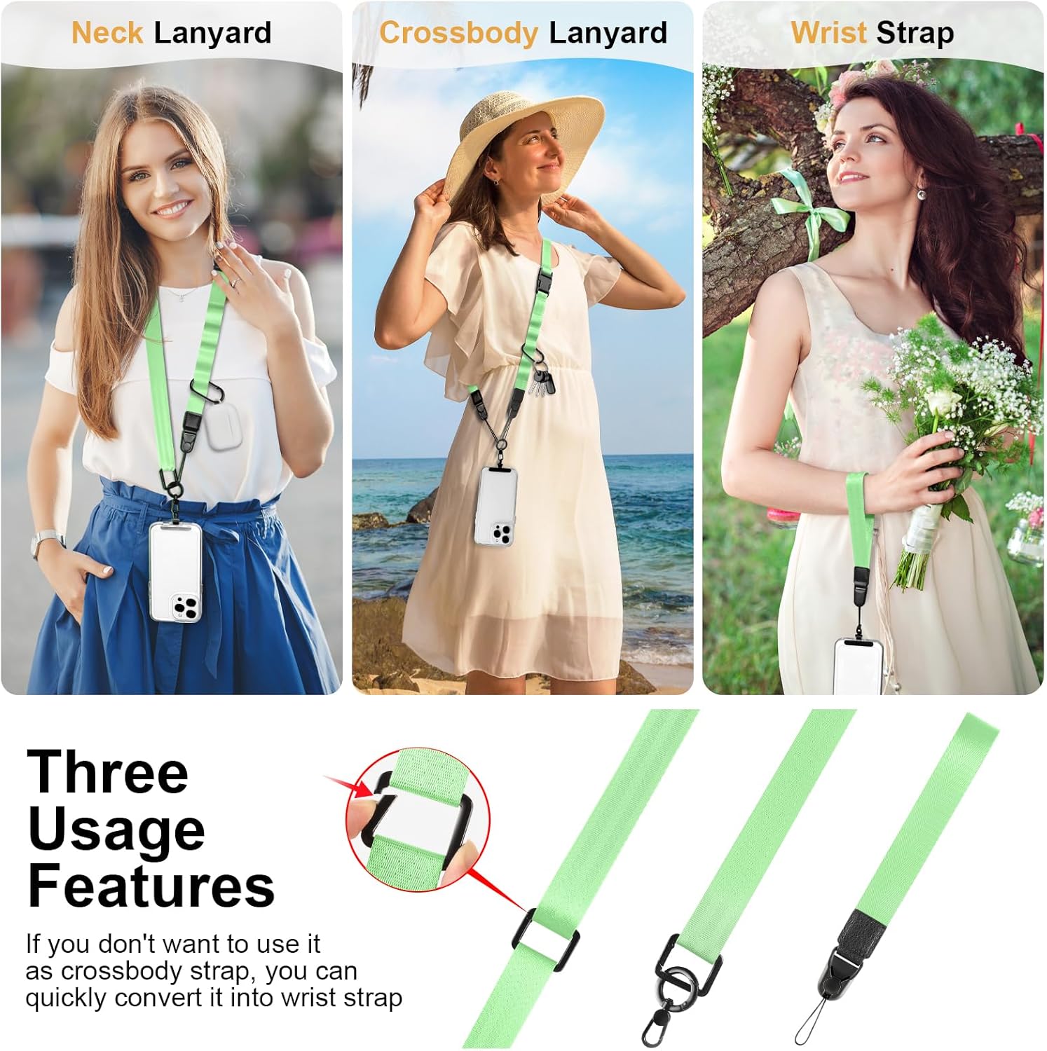 Adjustable Crossbody Phone Lanyard, Universal Phone Wrist Strap and Phone Neck Strap with Tether Tab, Phone Lanyard with Quick Release, Suitable for iPhone and Most Smartphones, Light Green