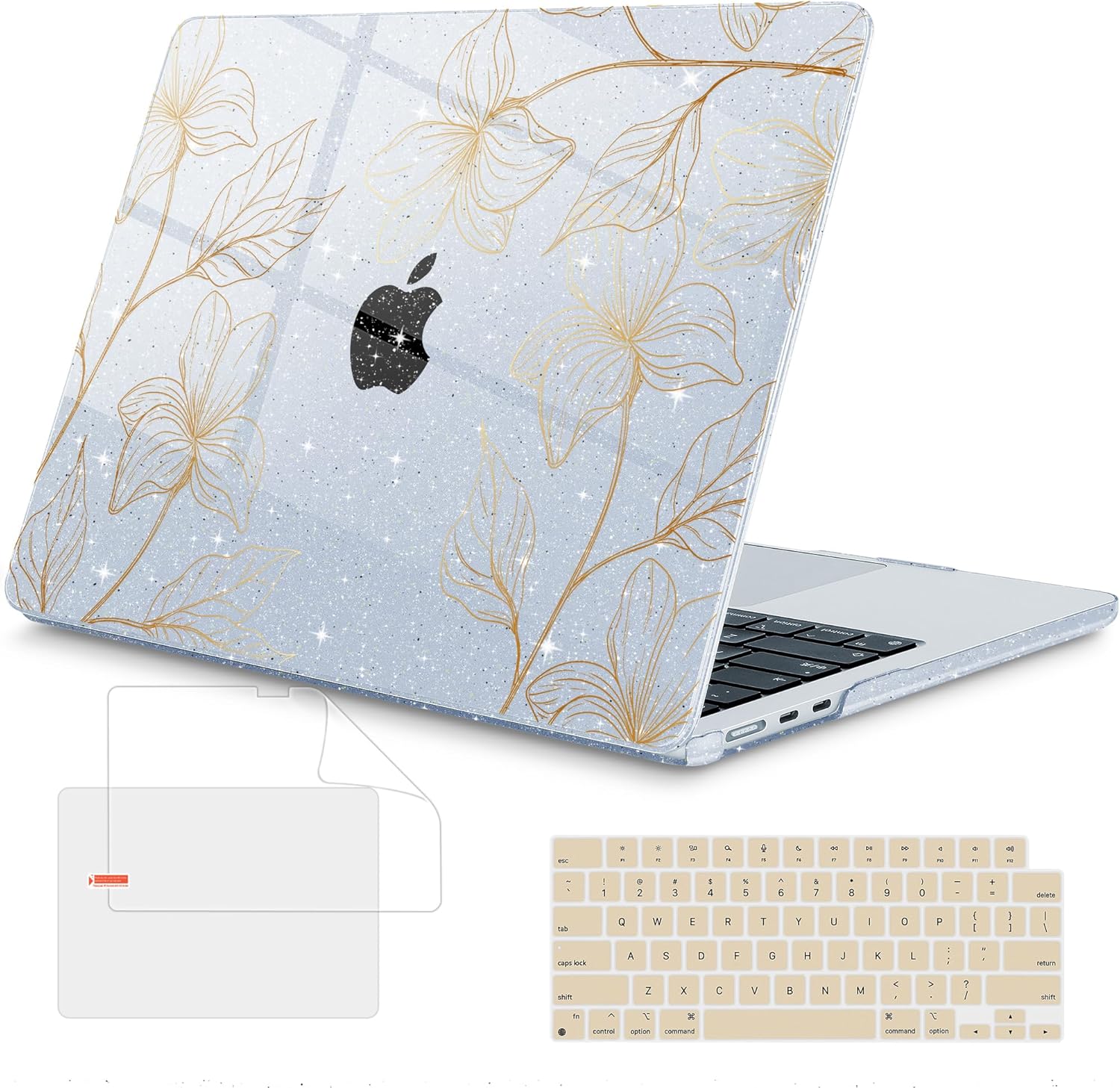 Mektron for 2025 MacBook Air 15 inch M4 Case A3241/ 2024 M3 A3114/ 2023 A2941 M2 Hard Printed Cover with 15.3 Liquid Retina Display Touch ID with Keyboard Skin- Gold Flower S718-Glitter Blue