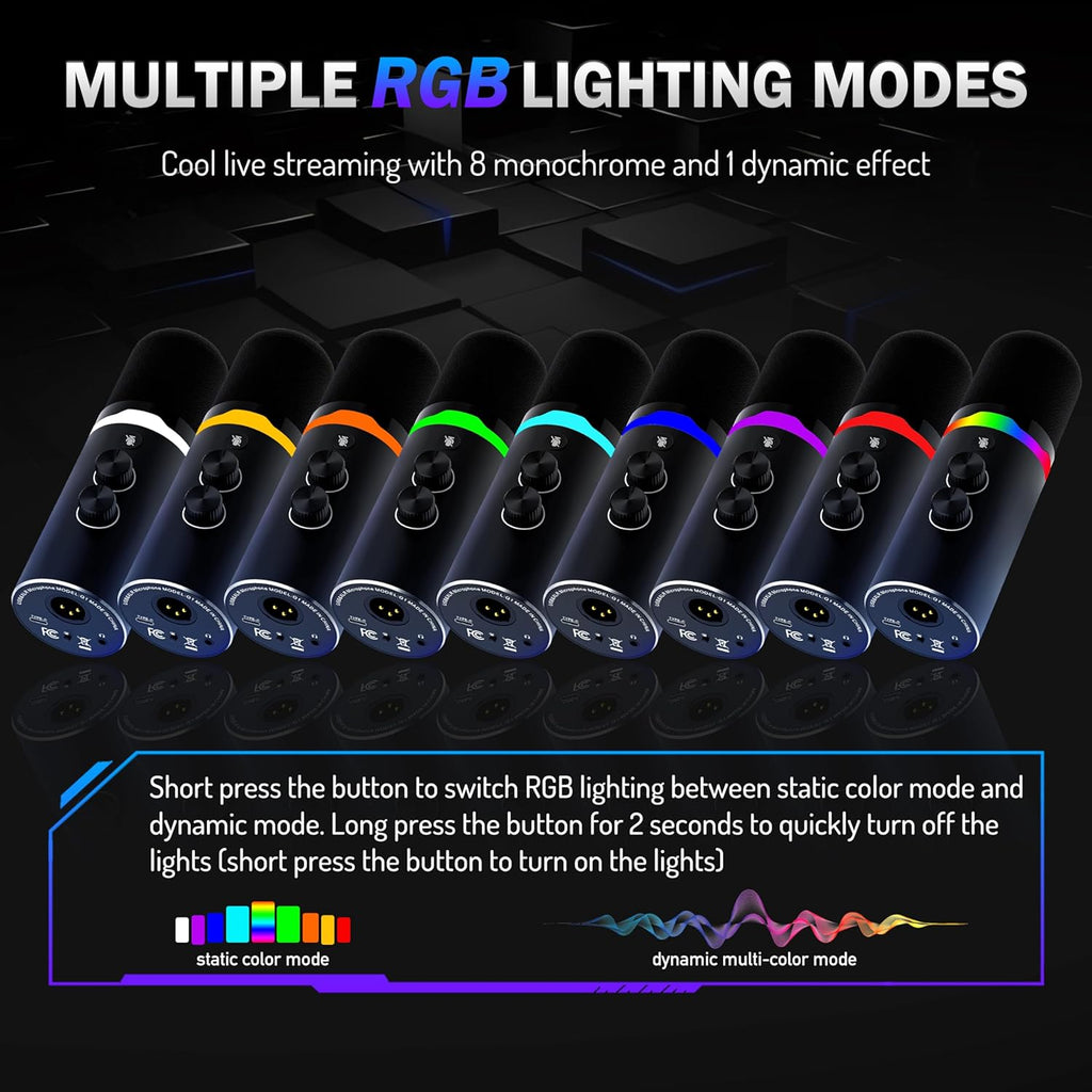 JUOPIEA XLR/USB Gaming Microphone Kit, Dynamic Mic for Podcasting Streaming, PC Microphone with Boom Arm Stand, RGB Light, Mute Button and Headphone Jack, for Recording, Vocal, Voice-Over