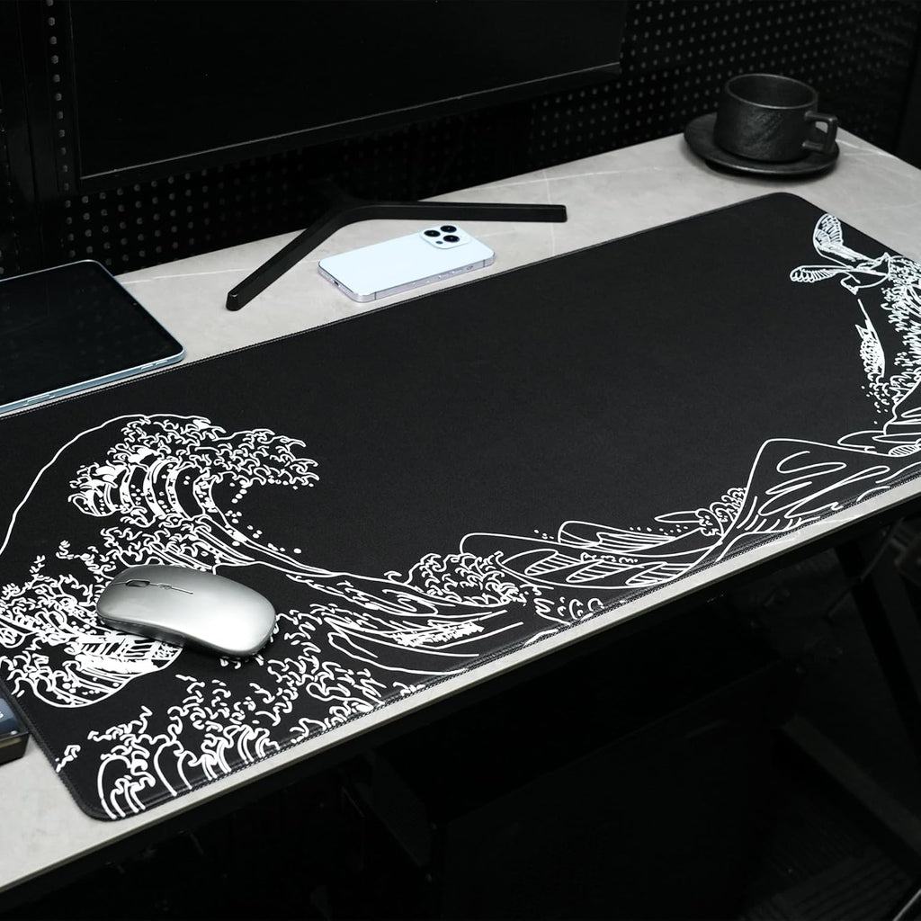 Large Gaming Mouse Pad for Desk,Kanagawa XXL Mouse Pad 35.4x15.7 Inch,Waterproof Desk Pad,Non-Slip Rubber Base Mice Pad,Keyboard Pad Computer Mat,Black Mouse pad