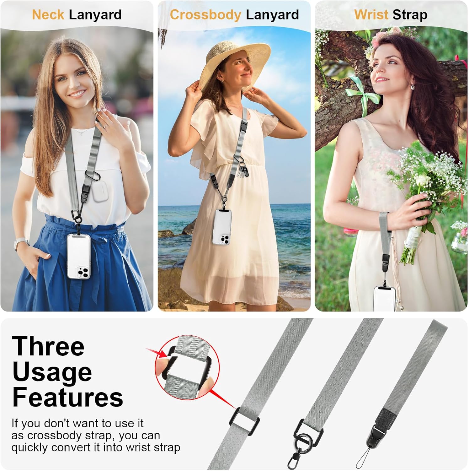 Adjustable Crossbody Phone Lanyard, Universal Phone Wrist Strap and Phone Neck Strap with Tether Tab, Phone Lanyard with Quick Release, Suitable for iPhone and Most Smartphones, Grey