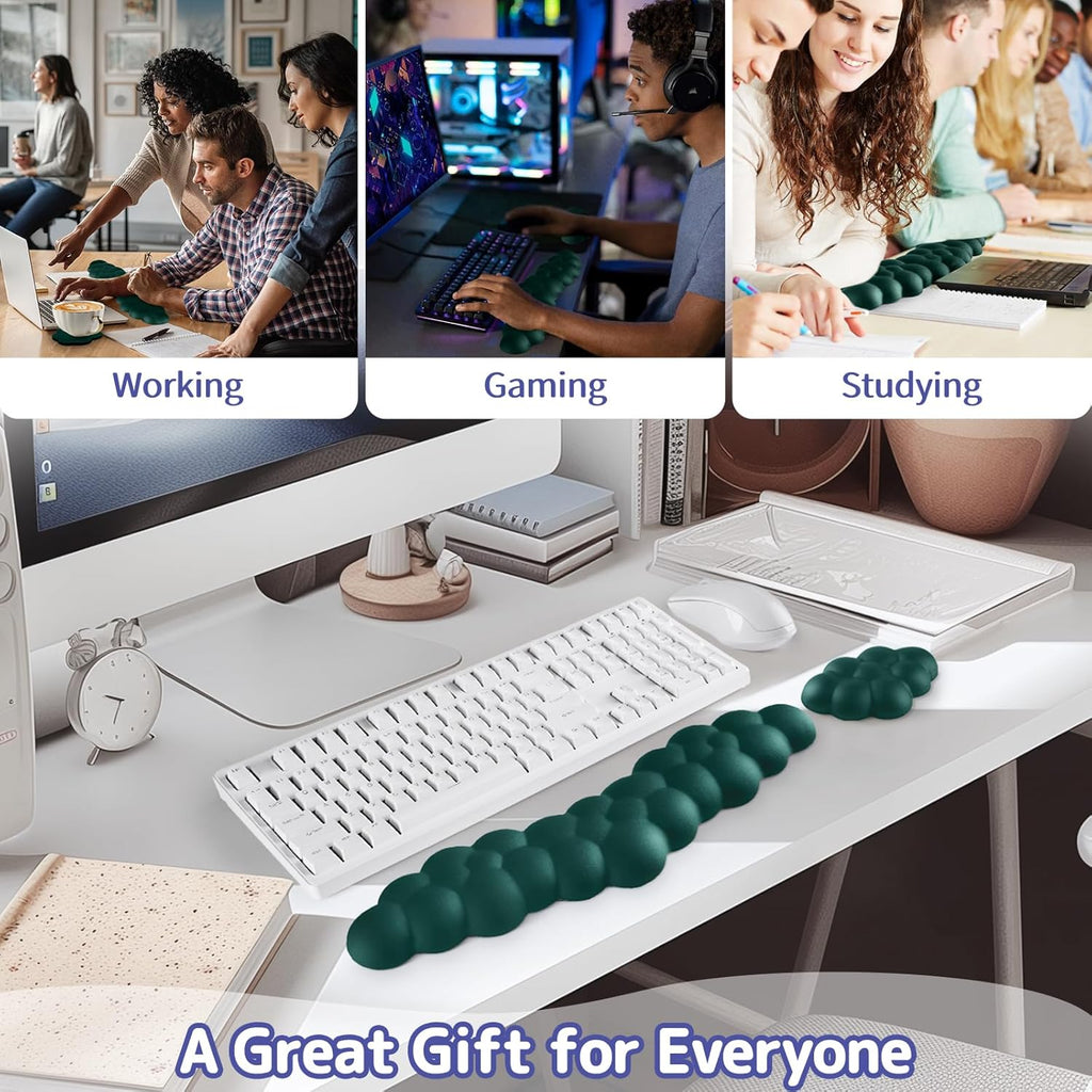Cloud Wrist Rest for Keyboard and Mouse, Memory Foam PU Leather Keyboard Wrist Rest with Ergonomic Support, Non-Slip Base, Cute Arm Rest Pad & Palm Cushion, Office Desk Accessory, Dark Green