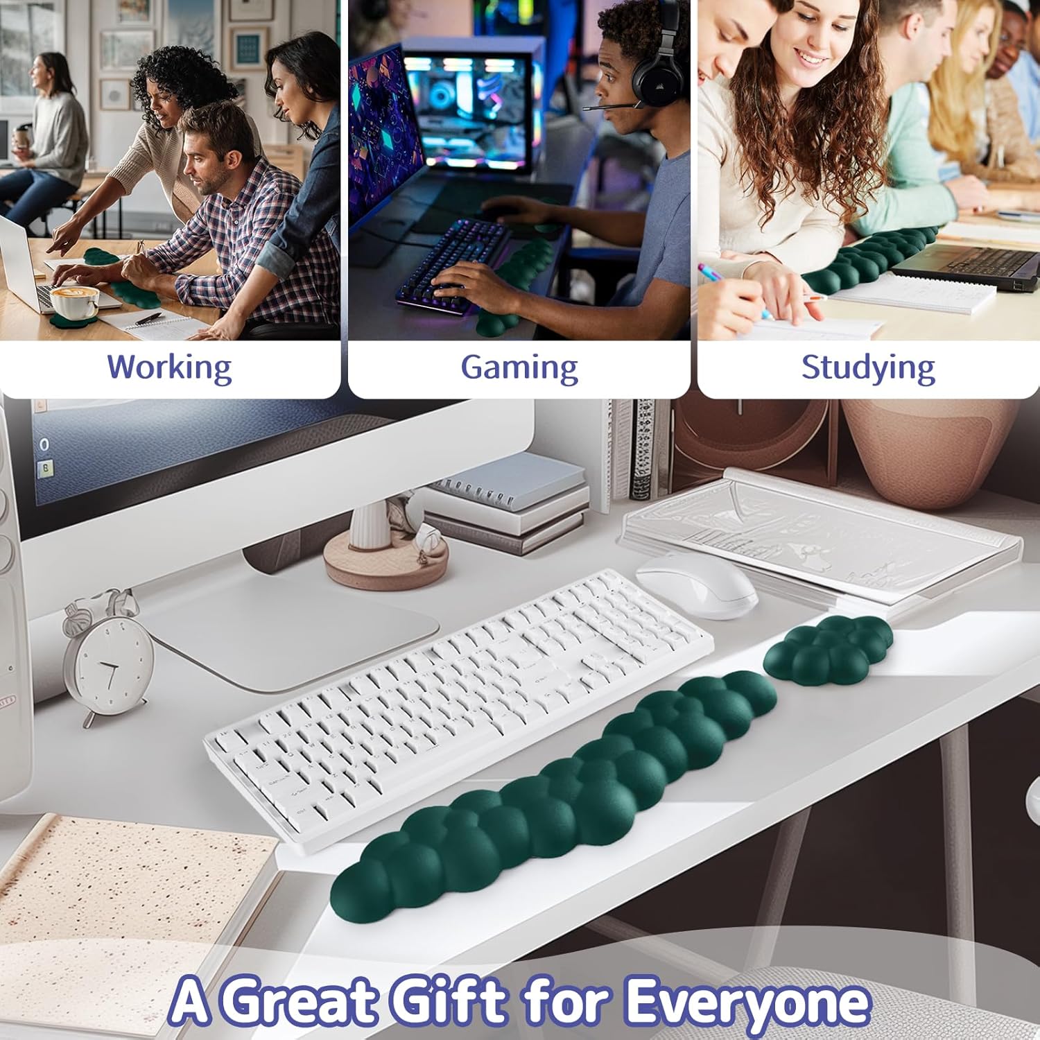 Cloud Wrist Rest for Keyboard and Mouse, Memory Foam PU Leather Keyboard Wrist Rest with Ergonomic Support, Non-Slip Base, Cute Arm Rest Pad & Palm Cushion, Office Desk Accessory, Dark Green