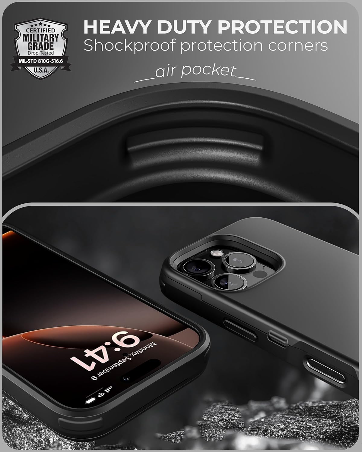 TORU CX Slim for iPhone 16 Pro Case Wallet | Protective Shockproof Heavy Duty Cover with Hidden Card Holder & Card Slot | Mirror & Wrist Strap Included - Black