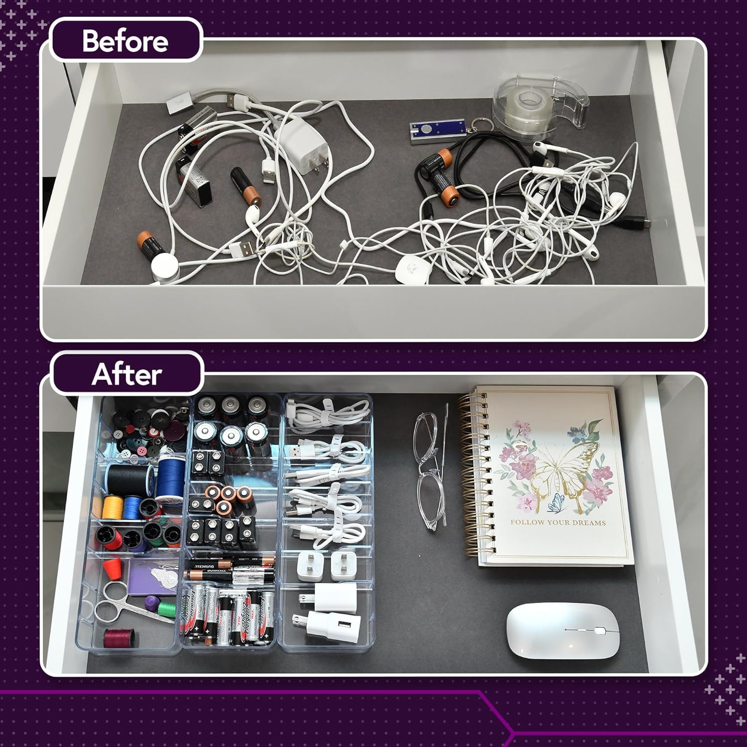 Set of 3 Cable Organizer Box W/Labels - Charger Box, Stackable W/Lids-Cord Organizer Junk Drawer- Cord Storage Box for Desk -Cable Organizer case