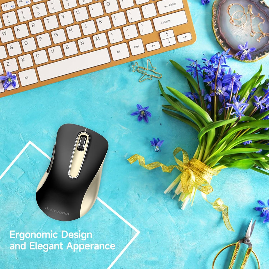 memzuoix 2.4G Wireless Mouse, 1400 DPI Computer Mice with USB Receiver, Portable Wireless USB Battery Powered Cordless Mouse for Laptop, PC, Desktop, 5 Buttons (Black Gold)