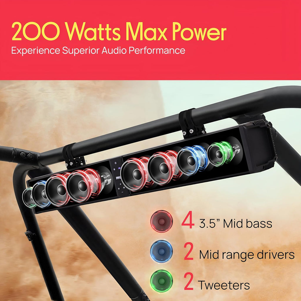 Pyle 32" Powered ATV/UTV Soundbar System, 200W Bluetooth Speakers with Built-in Amplifier, Waterproof and Weatherproof, Wireless BT Streaming and Auxiliary Input, LED Lights