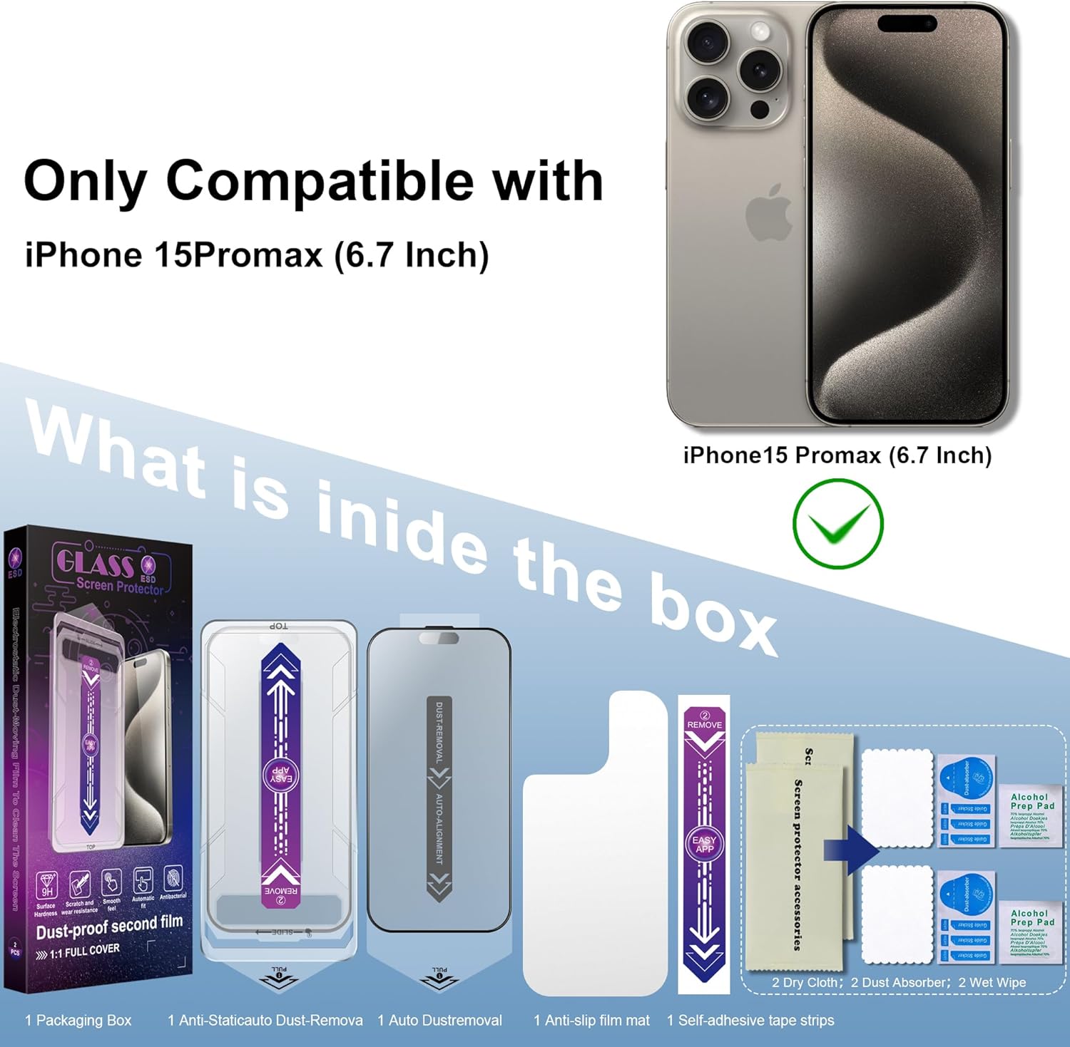 2 Pack Matte Screen Protector for iPhone 15 Pro Max 6.7-Inch Auto Dust Removal, No Bubbles, Tempered Glass Film, Easy Installation