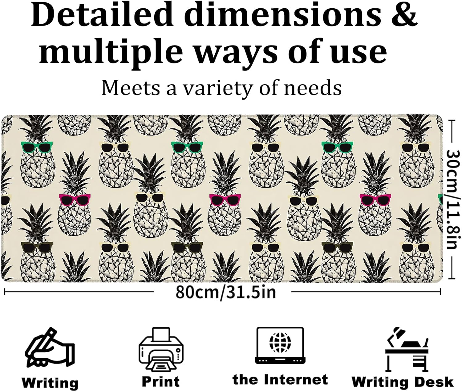 Pop Art Pineapple Gaming Mouse Pad, Large Office Desk Mat, Anti-Slip Rubber Base Mousepad for Computer Laptop Keyboard, Smooth Desk Pad for Home Office Gamer Work Accessories 31.5" x 11.8"