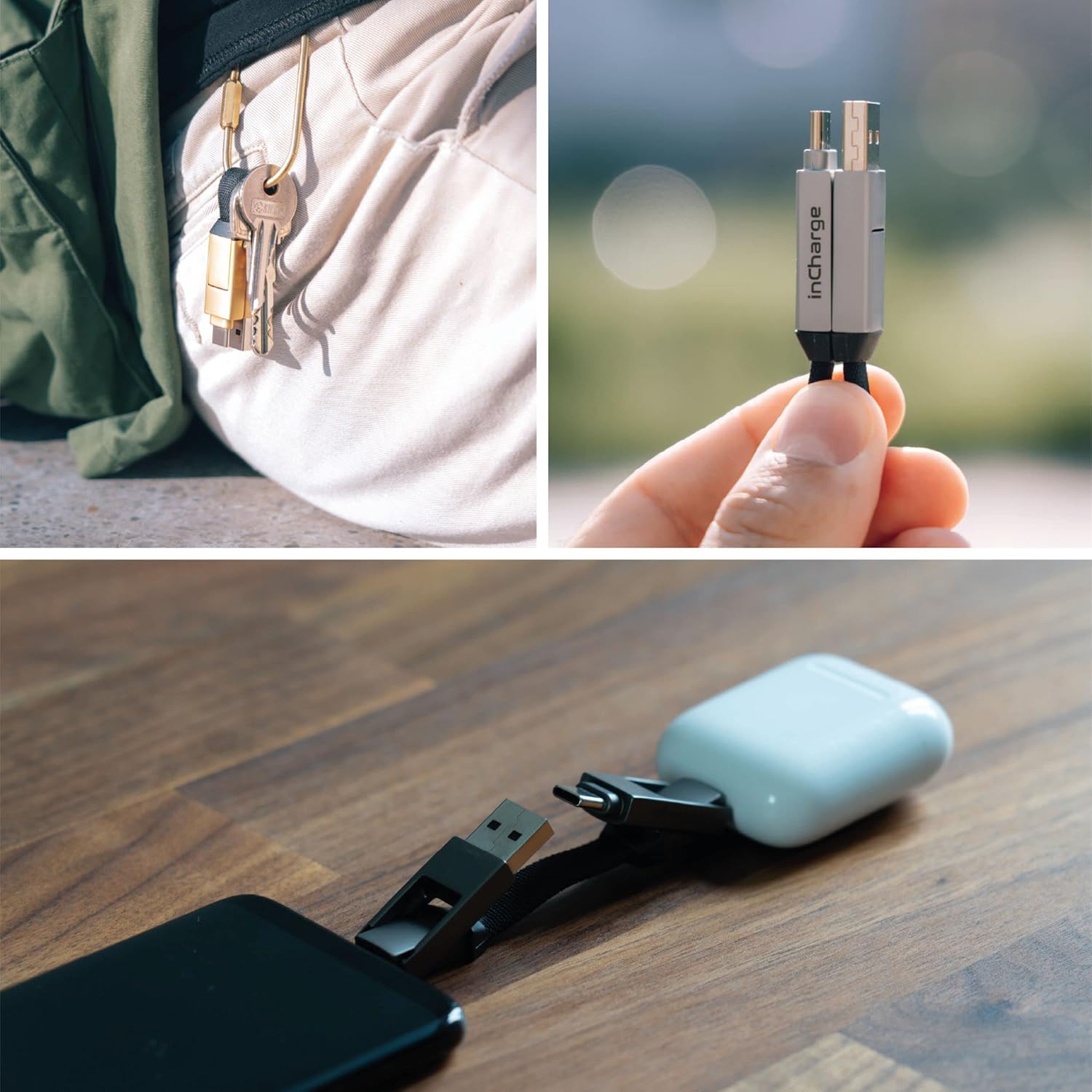 Rolling Square inCharge 6 - Keychain USB C Charger Cable, Lightning Cable and Micro-USB for Smartphone, Universal Cable Charger 6 in 1, USB Plug, 15W, Gold