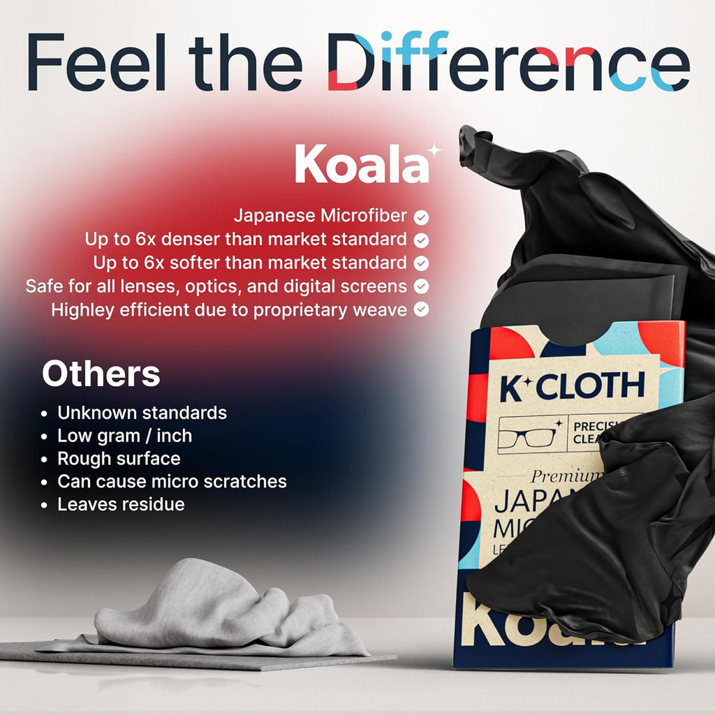 Koala Lens Cleaning Cloth | Japanese Microfiber | Glasses Cleaning Cloths | Eyeglass Lens Cleaner | Eyeglasses, Camera, VR/AR Headset, and Screen Cleaner | Black & Green (Pack of 12)