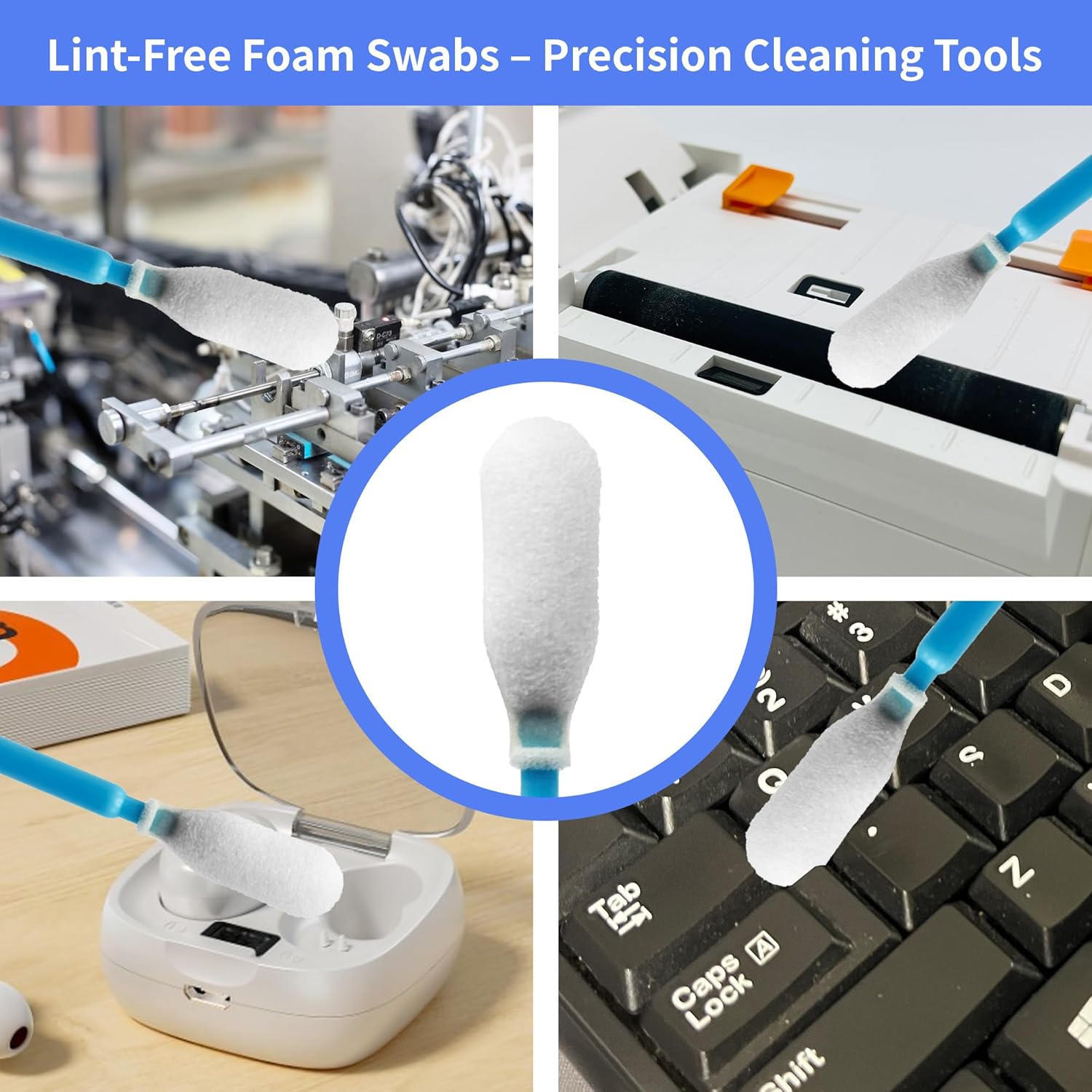 100 Pcs Solvent Resistant Professional Lint Free Swabs, 6.37" Long Handle Foam Swabs for Electronics, Camera Sensors, Printers, Optical Lenses
