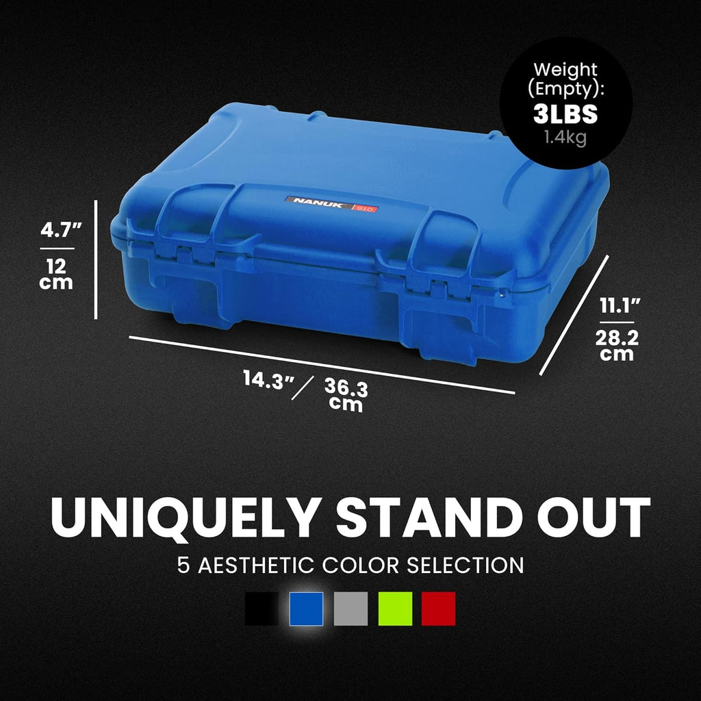 NANUK 910 Hard Case with Customizable Cubed Foam, IP67 Waterproof, Dustproof and Impact Resistant, 14.3” x 11.1” x 4.7”, Rugged Construction for Ultimate Protection, Made in Canada – Blue