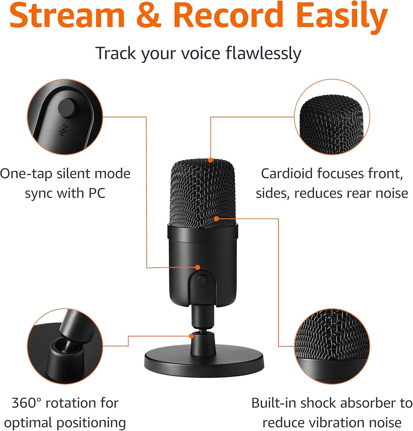 Amazon Basics USB Condenser Microphone for Streaming, Recording, and Podcasting on PC, Plug and Play, Cardioid Pickup, Adjustable Stand with 360° Rotation, 5.8 x 3.4 inches, Black