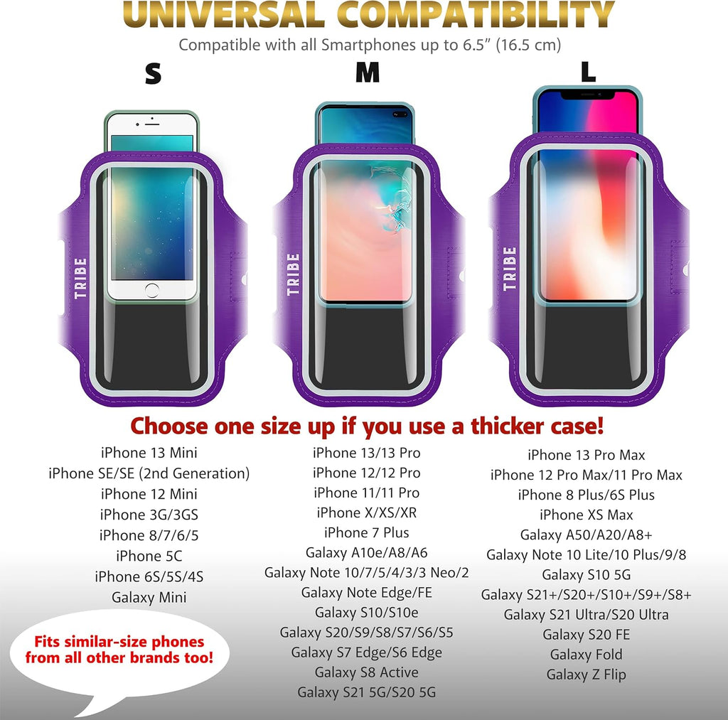 TRIBE Water Resistant Cell Phone Armband Case Running Holder for iPhone Pro Max Plus Mini SE (13/12/11/X/XS/XR/8/7/6/5) Galaxy S Ultra Plus Edge Note (21/20/10/9/8/7/6/5) Adjustable Strap & Key Pocket