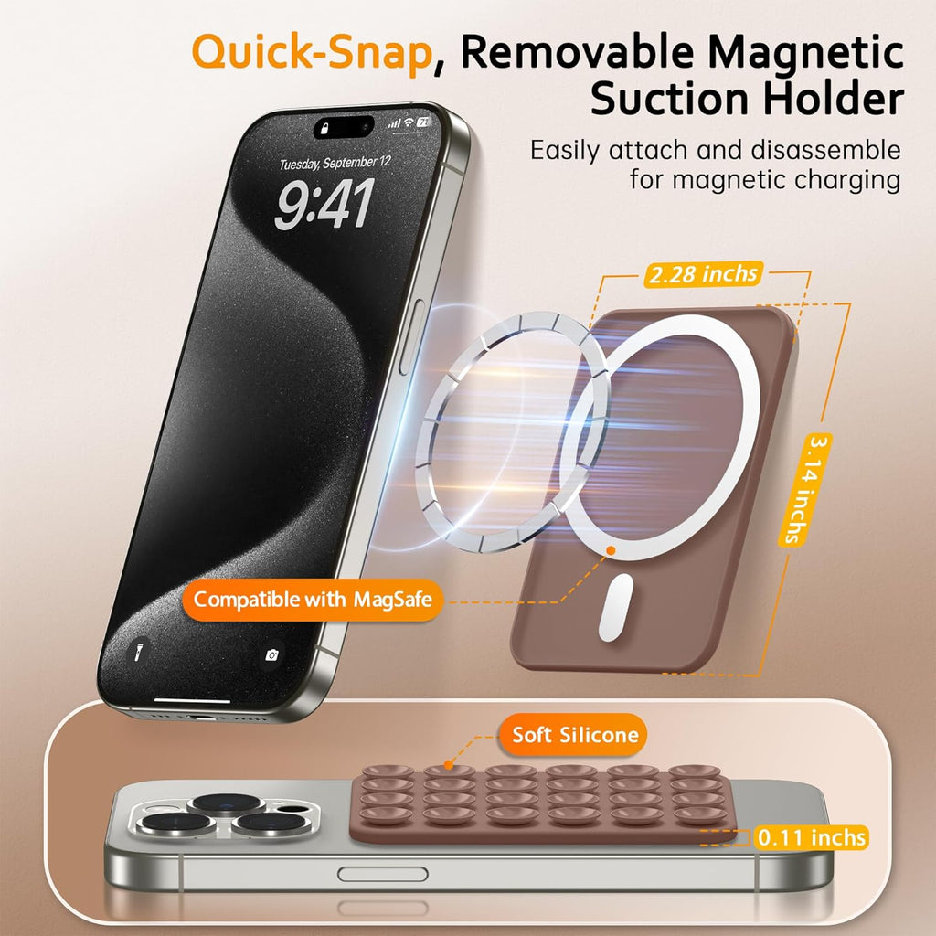 GONEZ Magnetic Suction Cup Phone Mount for MagSafe Case, Removable Silicone Sticky Grip for iPhone 12/13/14/15/16, Hands-Free Selfies and Videos for TikTok & Instagram Influencer/Creator, Brown