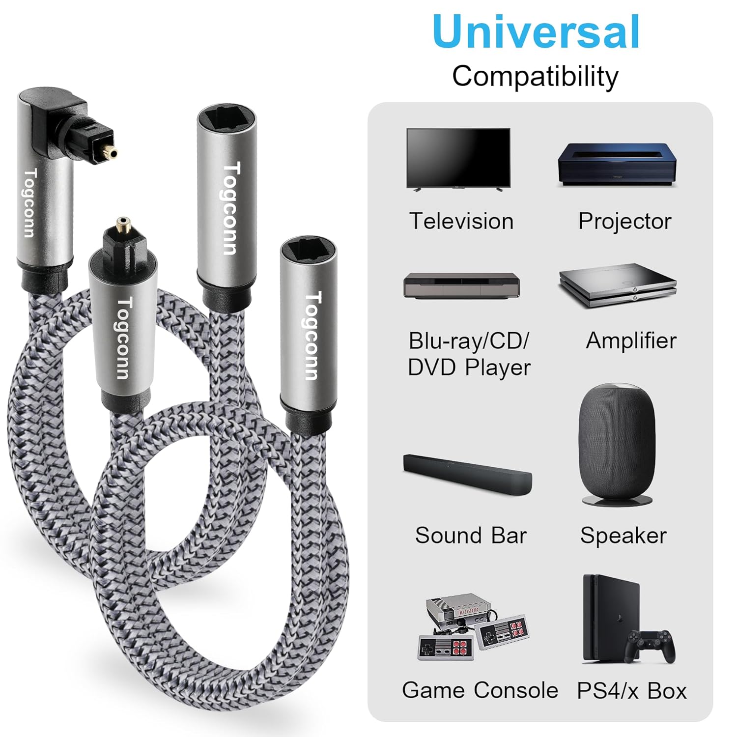 Optical Extension Fiber Digital Cable Adapter 0.6 Feet（2 Pack）, 90 Degree Right Angle & Straight Male to Female Coupler, Toslink Audio Cable, Nylon Braided for Home Theater, Soundbar, TV and More