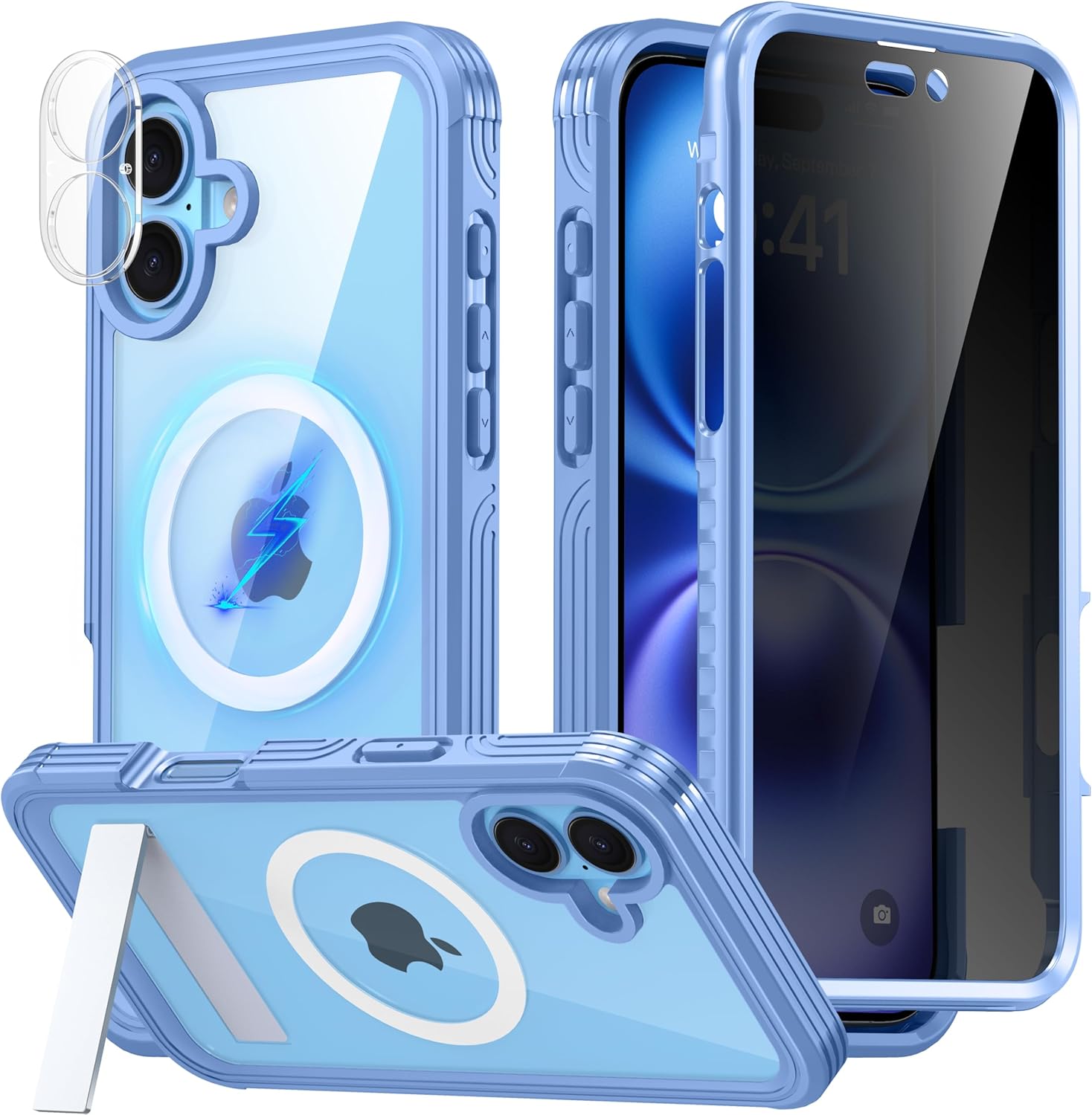 Magnetic & Stand for iPhone 16 Plus Case Built-in Privacy Screen Protector[360° Full Body Protection][Fit for Magsafe][Lens Protector] Heavy Duty Shockproof Phone Case for iPhone 16 Plus Blue