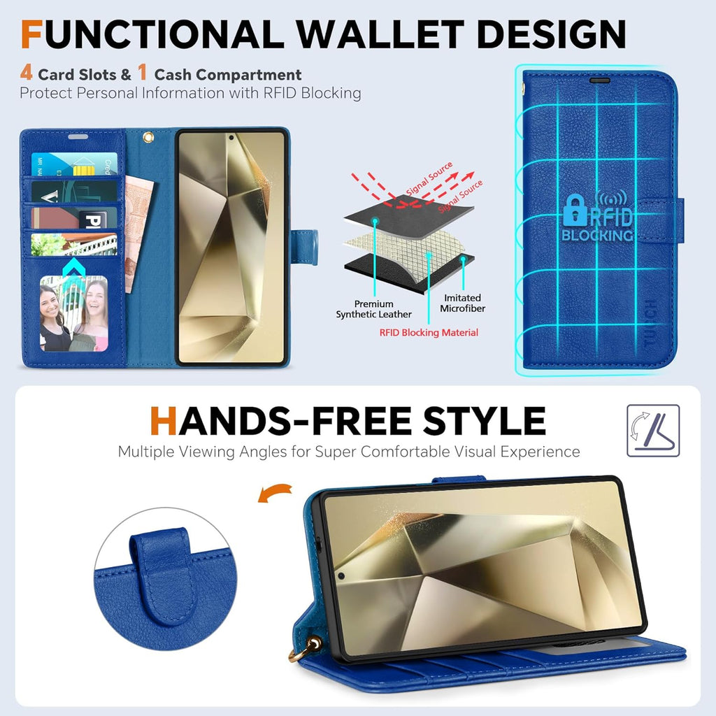 TUCCH Case Wallet for Galaxy S25 Ultra, Removable [2 in 1] [Wireless Charging] Wrist Strap PU Leather Magnetic Stand RFID Blocking [4 Card Slots] Detachable Folio for Galaxy S25 Ultra 6.9", Klein Blue