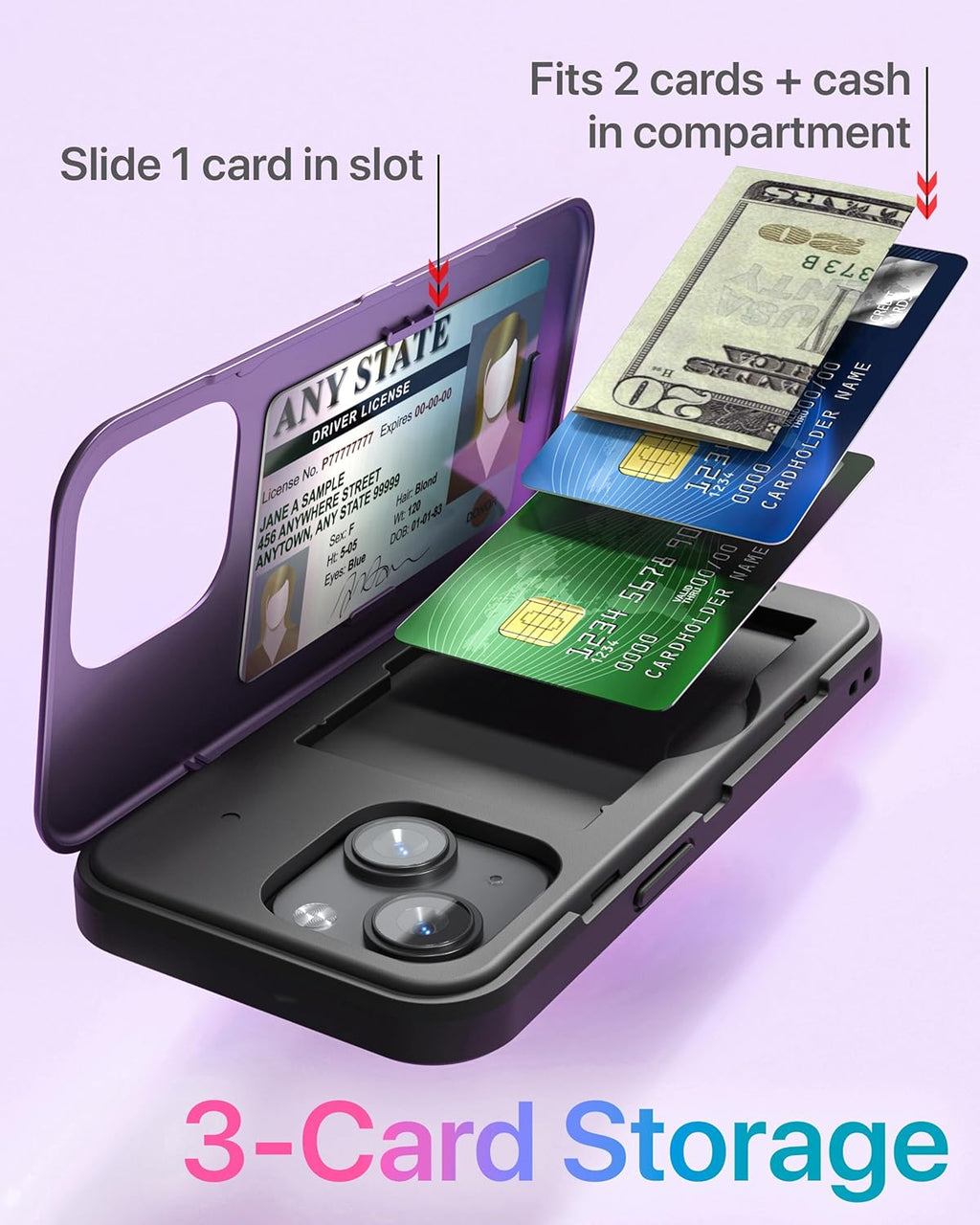 TORU CX Slim for iPhone 15 Case Wallet | Protective Shockproof Heavy Duty Cover with Hidden Card Holder & Card Slot | Mirror & Wrist Strap Included - Purple