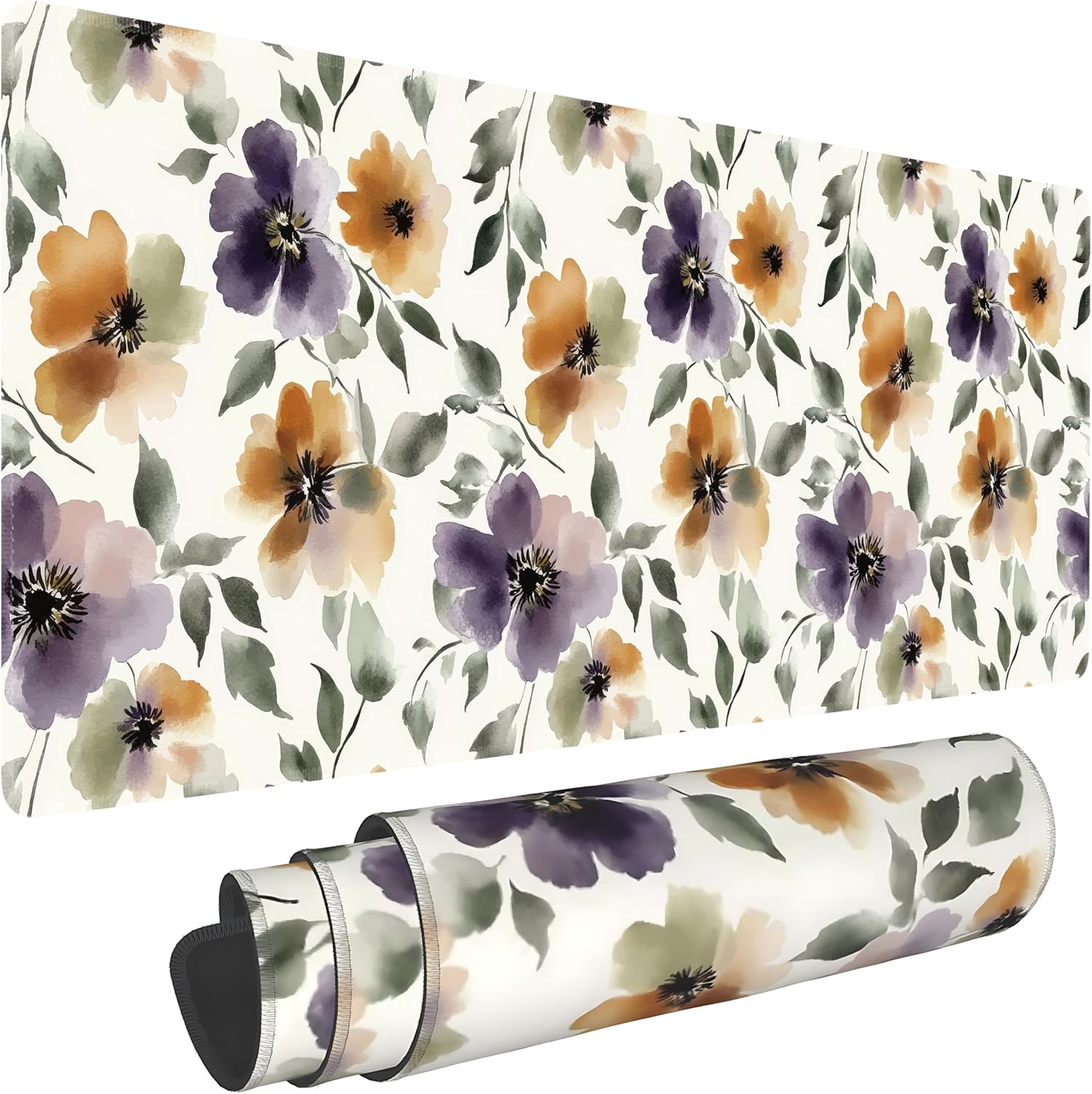 Watercolor Floral Large Mouse Pad,Gaming Keyboard Desk Pad,Extended Mouse Mat Non-Slip Rubber Base with Stitched Edges for Office Game Home XL 31.5"x11.8"