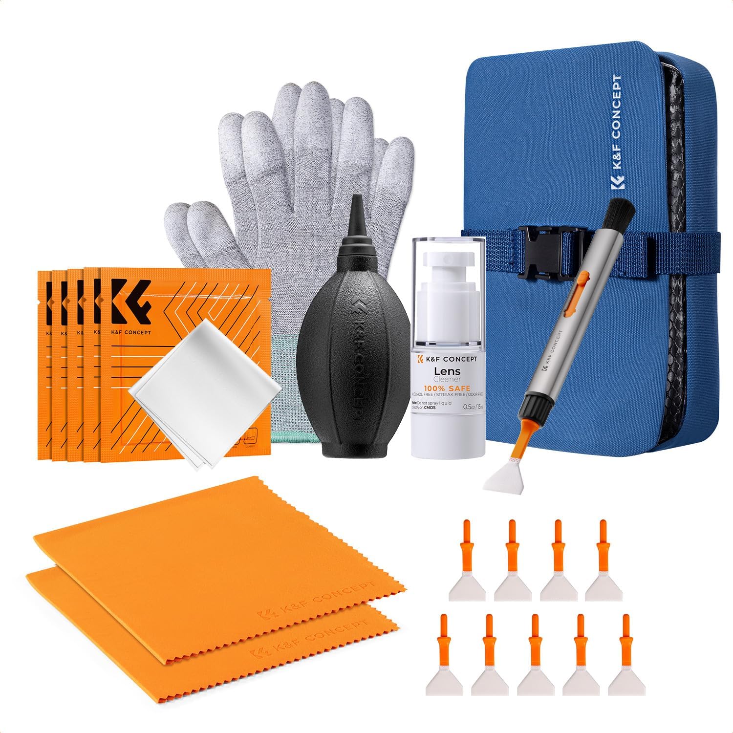 K&F CONCEPT 23 in 1 Camera Lens Cleaning Kit for DSLR Filter with Replaceable Cleaning Pen+Air Blower+Cleaning Liquid+Cleaning Cloth*2+Full-Frame Swab*10+Vacuum Cleaning Cloth*6+Anti-Static Gloves