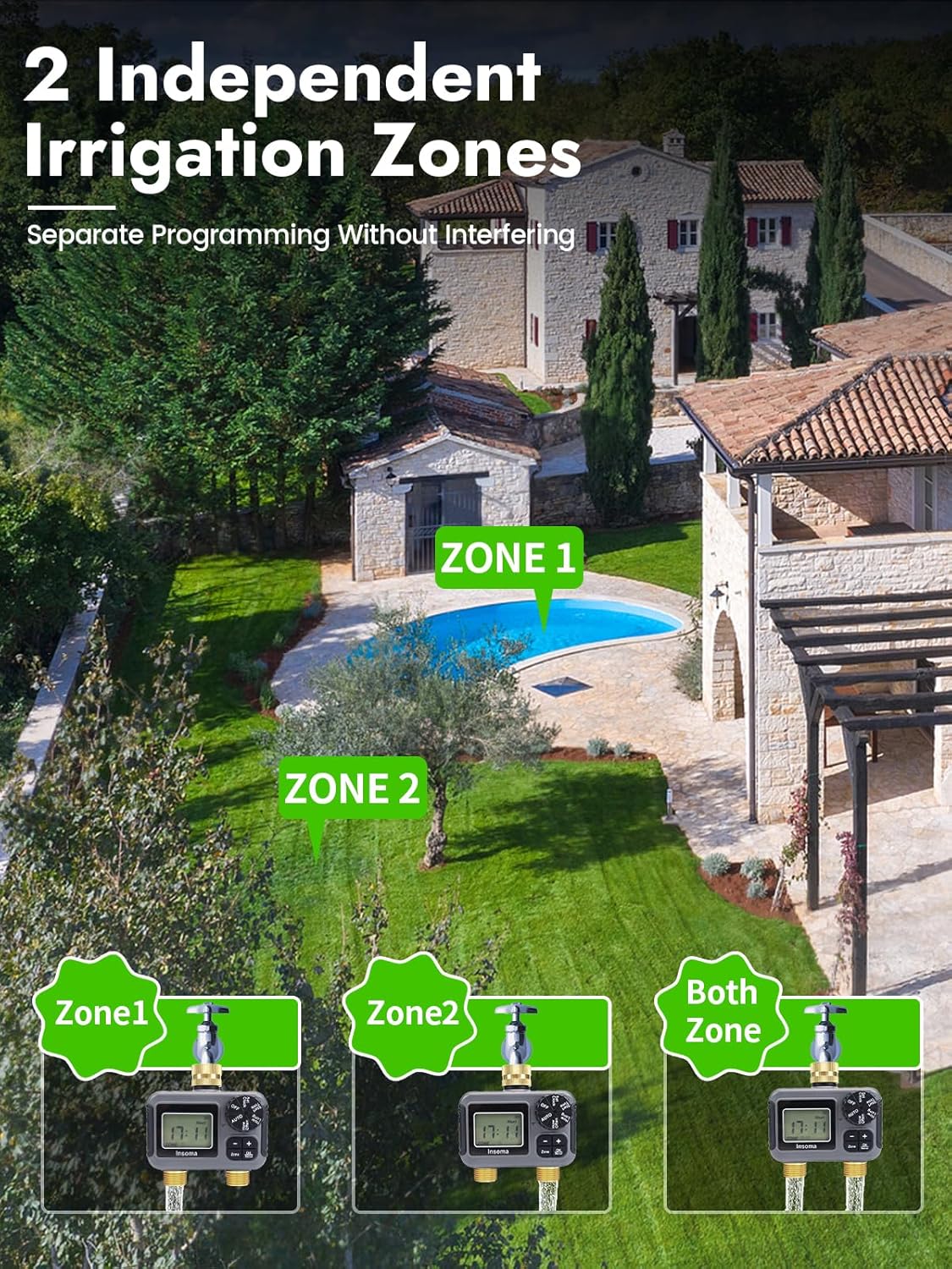 Insoma 2 Outlets Sprinkler Timer with Brass Inlet & Outlet, Water Timer for Garden Hose with Auto/Manual Modes + Rain Delay, Hose Timers for Garden, Yard Lawn, IPX5 Waterproof & Save Water