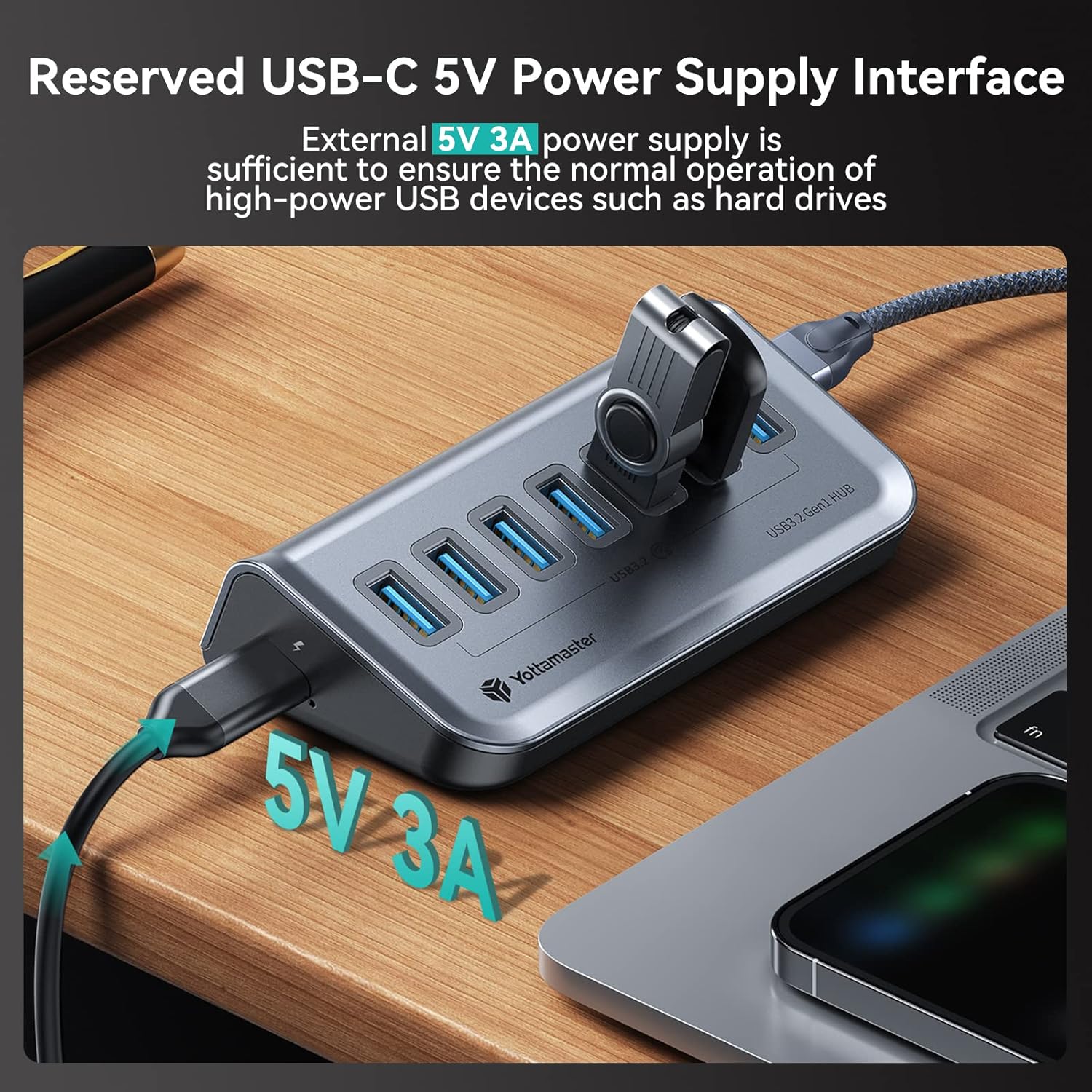 Yottamaster 7 Port USB 3.0 Hub, Data USB Hub Splitter with 3.2ft Cable Compatible with MacBook, Mac Pro, Compatible with Mac Mini, iMac, Laptop, PC, USB Flash Drives, Mobile HDD, Printer (3.2ft)