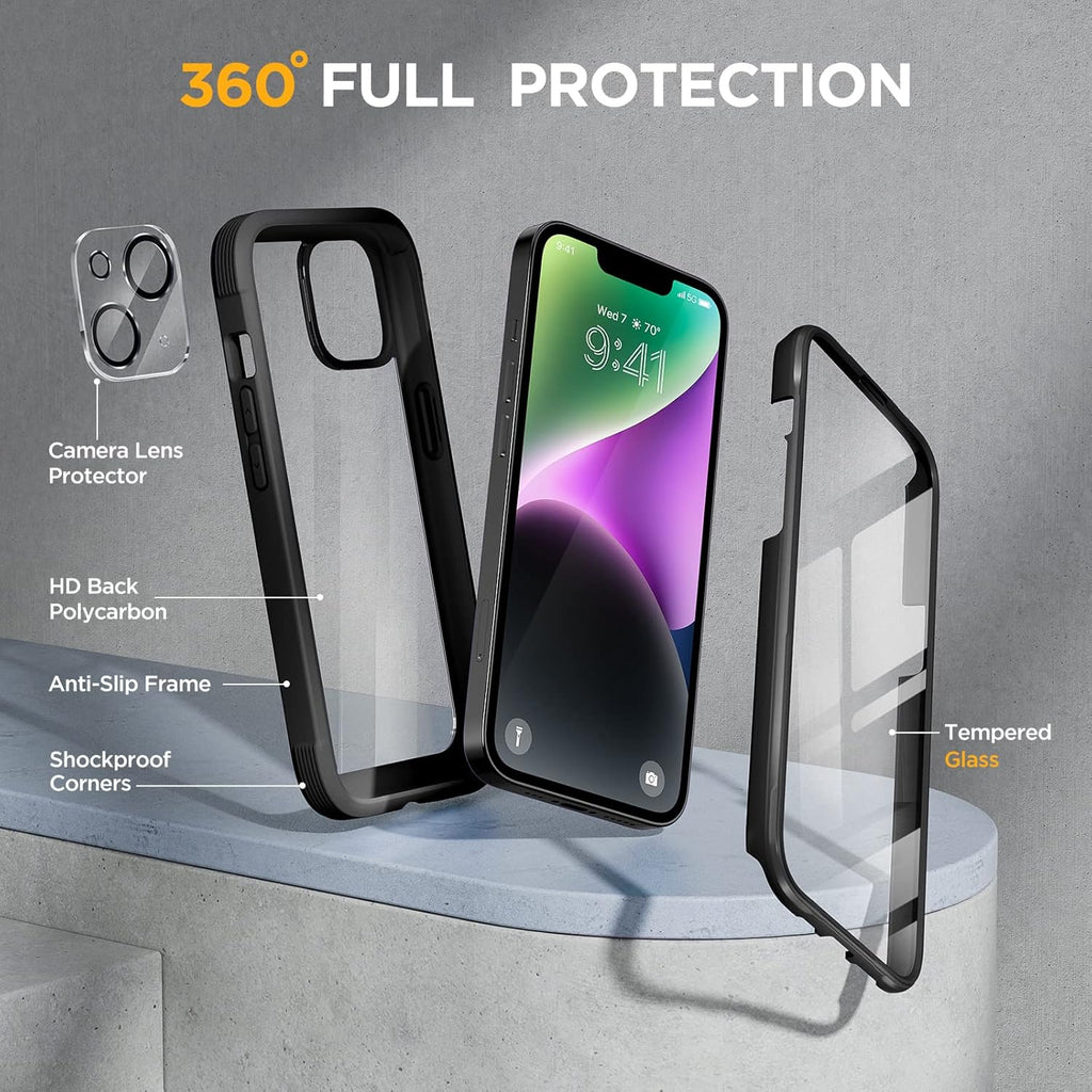 Miracase Glass Series Designed for iPhone 14 Plus Case 6.7 inch, 2023 Upgrade Full-Body Clear Bumper Case with Built-in 9H Tempered Glass Screen Protector and Camera Lens Protector,Black