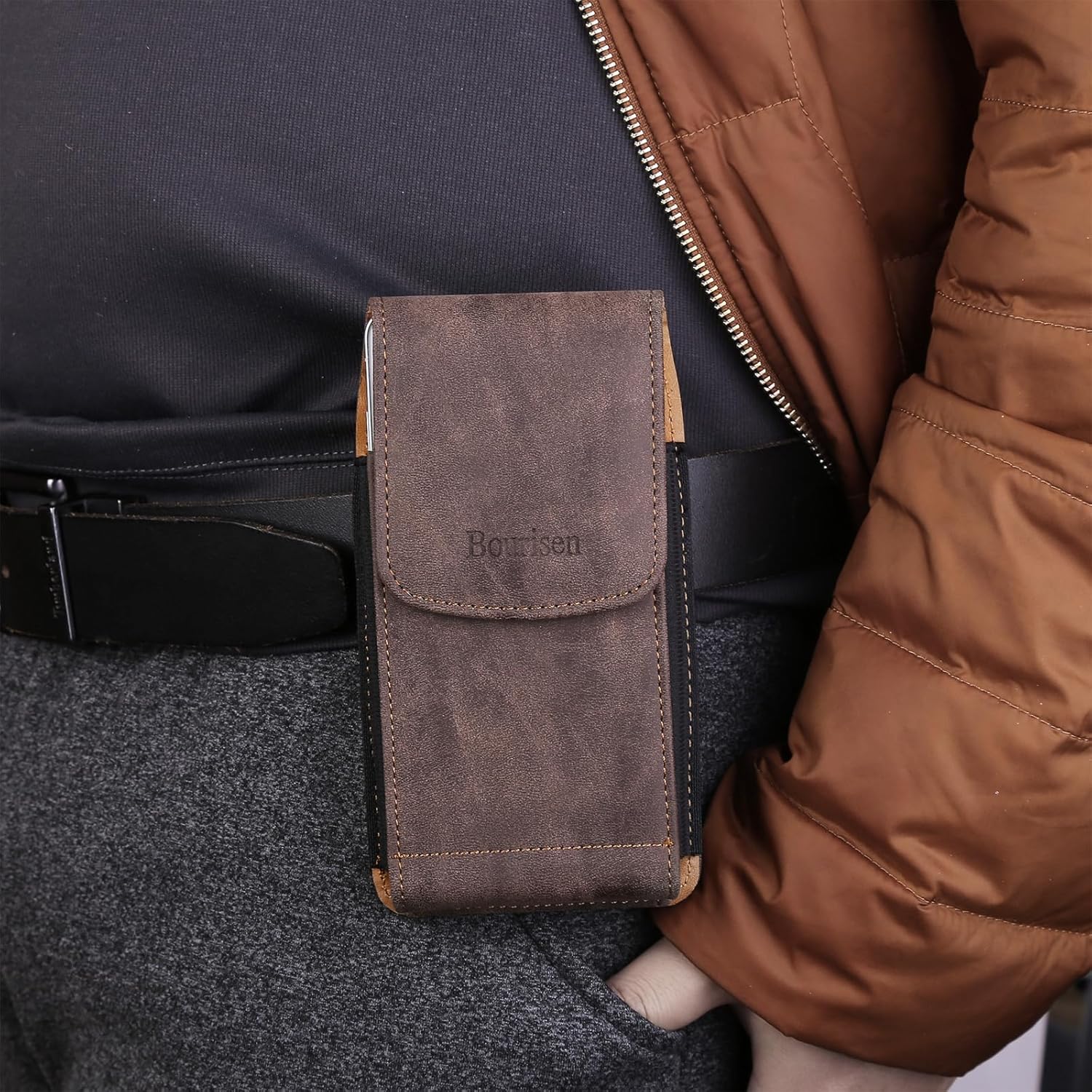 Phone Holster Pouch Case Belt Clip Loops Card Slot for Man iPhone12 13 14 15 16 17,11 12 13 14 15 16 17pro,17Air/Samsung S25 S24 S23 S22 S21 S20/LG/Moto (Brown&Yellow, L(6.1" x3.2''x0.8))