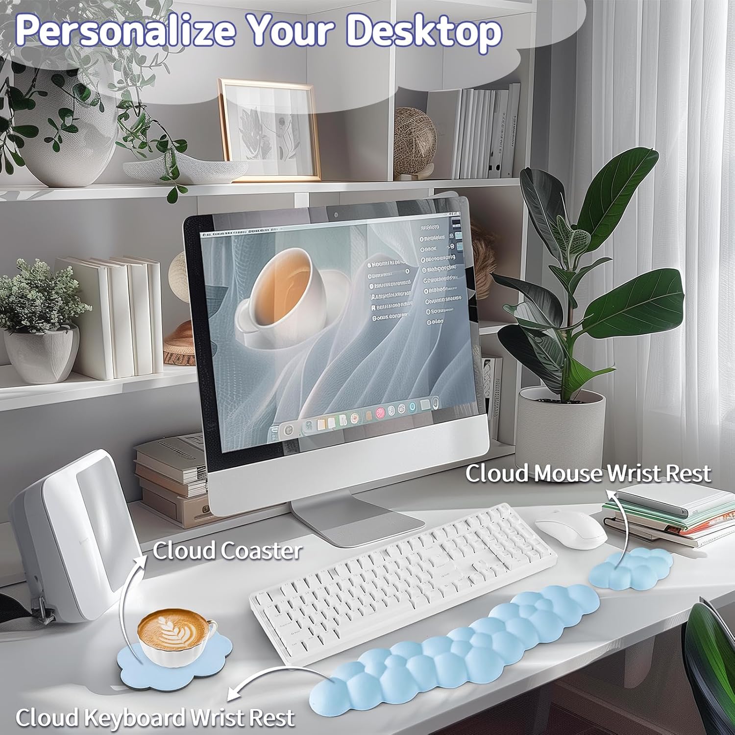 Cloud Wrist Rest for Keyboard and Mouse, Memory Foam PU Leather Keyboard Wrist Rest with Ergonomic Support, Non-Slip Base, Cute Arm Rest Pad & Palm Cushion, Office Desk Accessory, Blue