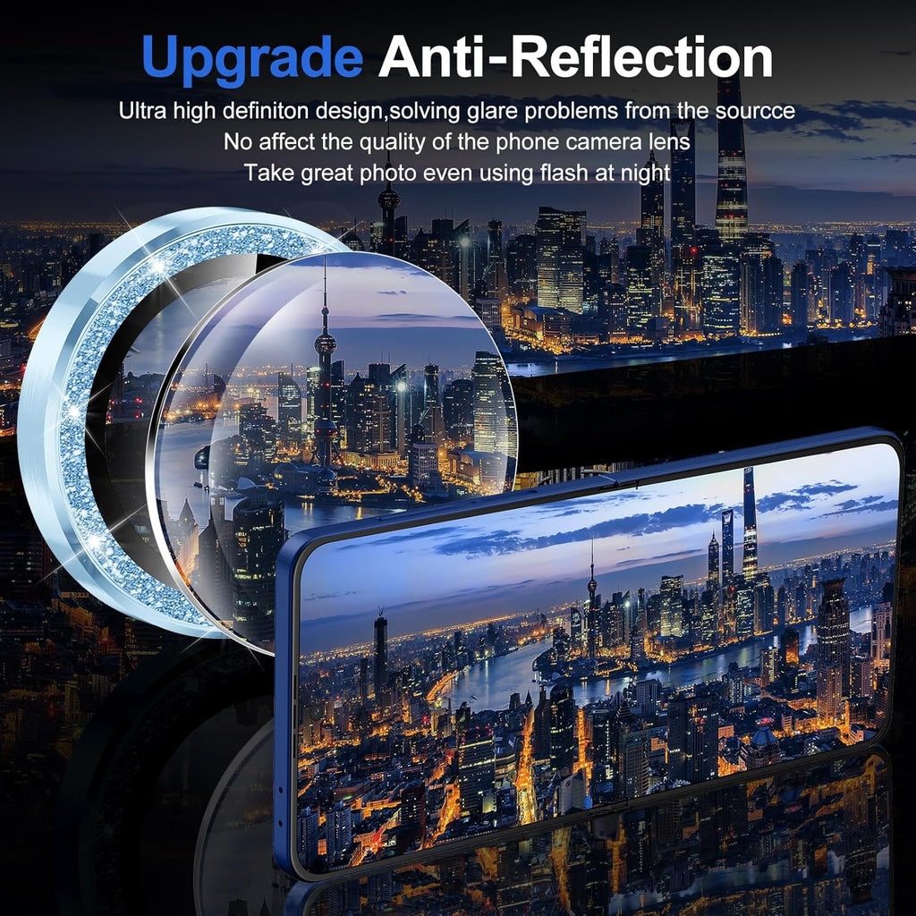 for Samsung Galaxy Z Flip 7 Camera Lens Protector, Individual Metal Ring Tempered Glass Lens Cover, [Strong Adsorption] Scratch Resistant Ultra-Thin HD Clear Lens Cover, 1 Set-Blue Sparkly