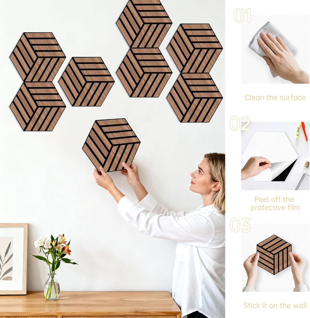 Mollywell Hexagon Acoustic Panels, Walnut TH4, 14x12x0.4 Inch, 12 Pack |Wood Veneer|High Density Sound Proofing Wall Panels|Self Adhesive Sound Dampening Felt Wall Tiles|Home Theater|Gaming Room|