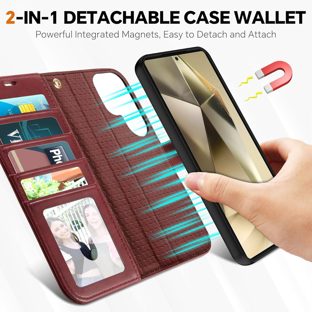 TUCCH Case Wallet for Galaxy S25 Ultra, Detachable Wrist Strap [Wireless Charging] RFID Blocking 4 Card Holder, Removable Stand PU Leather Flip Shockproof Phone Cover for Galaxy S25 Ultra, Dark Red