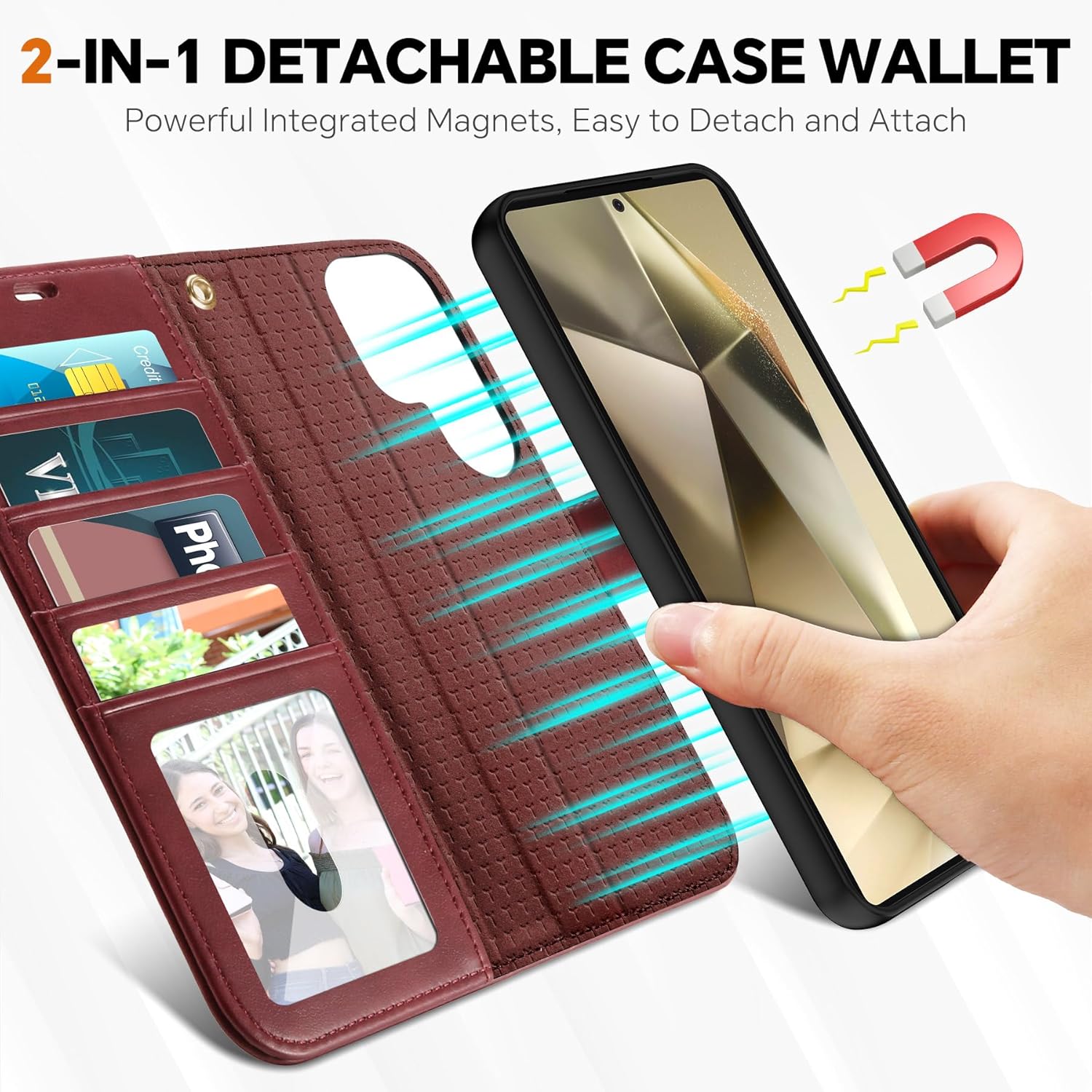 TUCCH Case Wallet for Galaxy S25 Ultra, Detachable Wrist Strap [Wireless Charging] RFID Blocking 4 Card Holder, Removable Stand PU Leather Flip Shockproof Phone Cover for Galaxy S25 Ultra, Dark Red