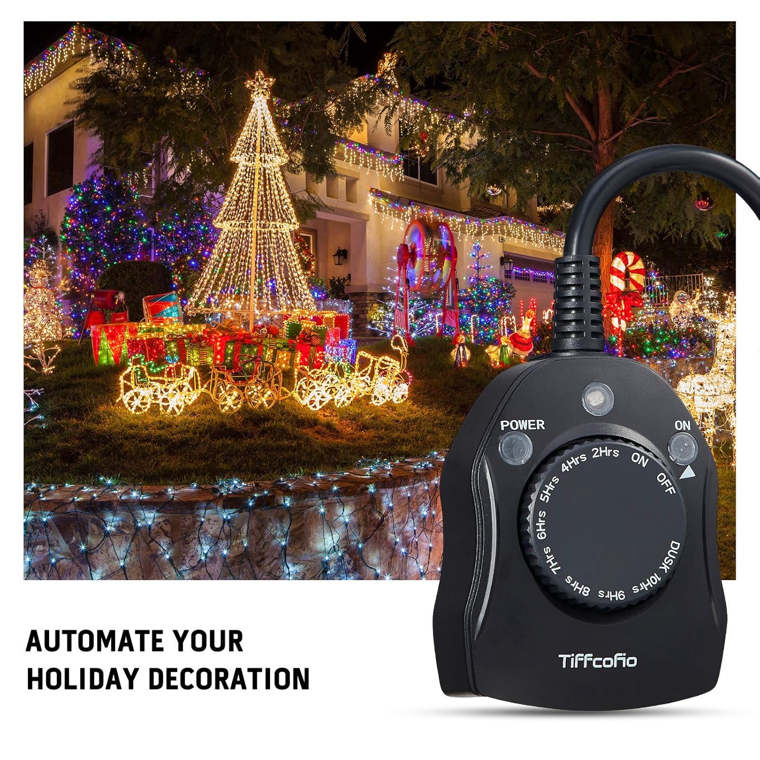 TiFFCOFiO Outdoor Timer Outlet, Dusk to Dawn Light Sensor Timer Weatherproof, 2 Grounded Outlets for Halloween and Christmas Lights, 15A 1/2HP, ETL Listed