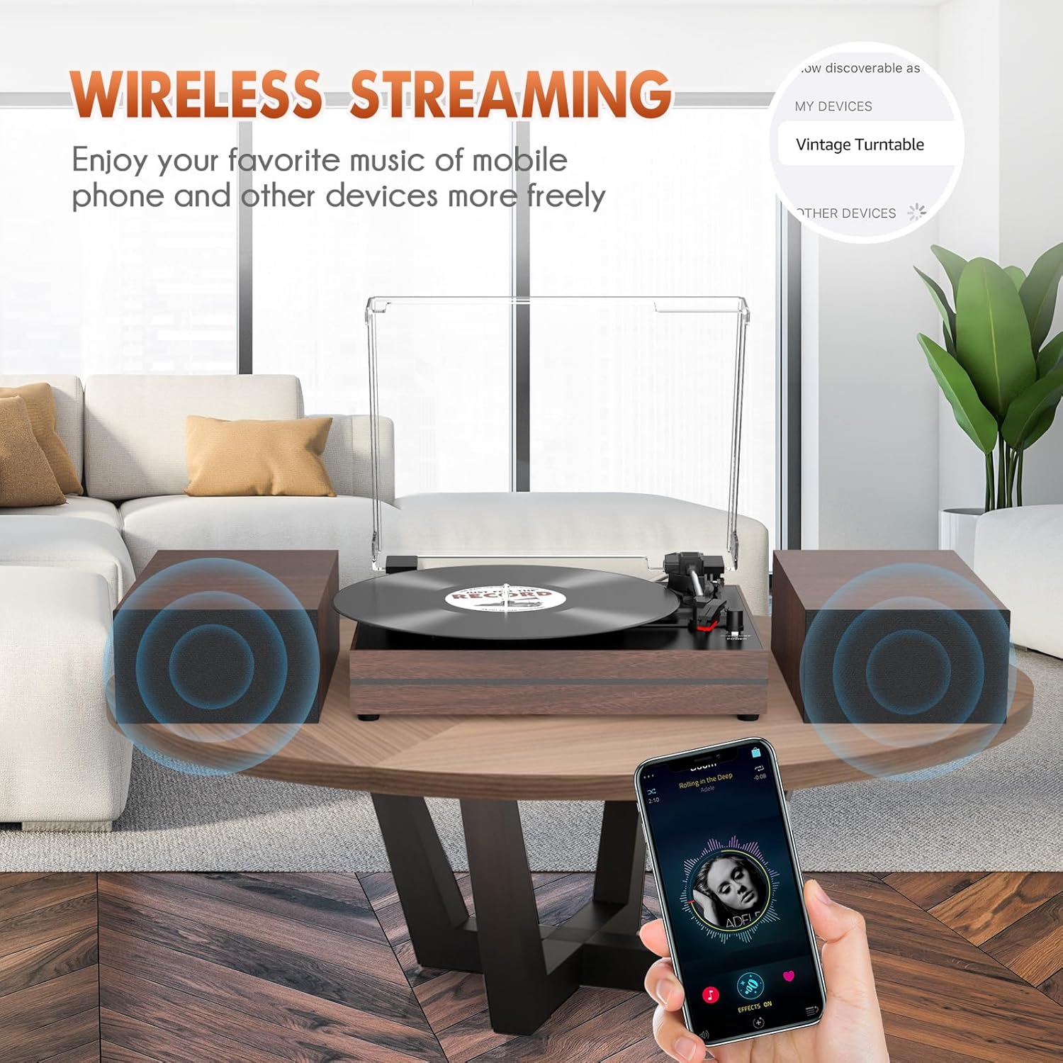 Vintage Record Player for Vinyl with Dual Separate Stereo Speakers Turntable BT Wireless Input Playback Belt Drive 3 Speed 3 Size Playback Record Player Support AUX Headphone Input RCA Out Auto Stop