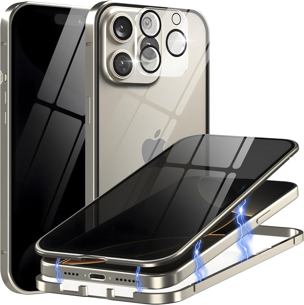 Privacy Magnetic Case for iPhone 16 with Metal Titanium Frame Privacy Screen Protector & Camera Lens Protector, Magnetic Adsorption Double Sided Tempered Glass Case Anti Peep Anti Spy Phone Cover
