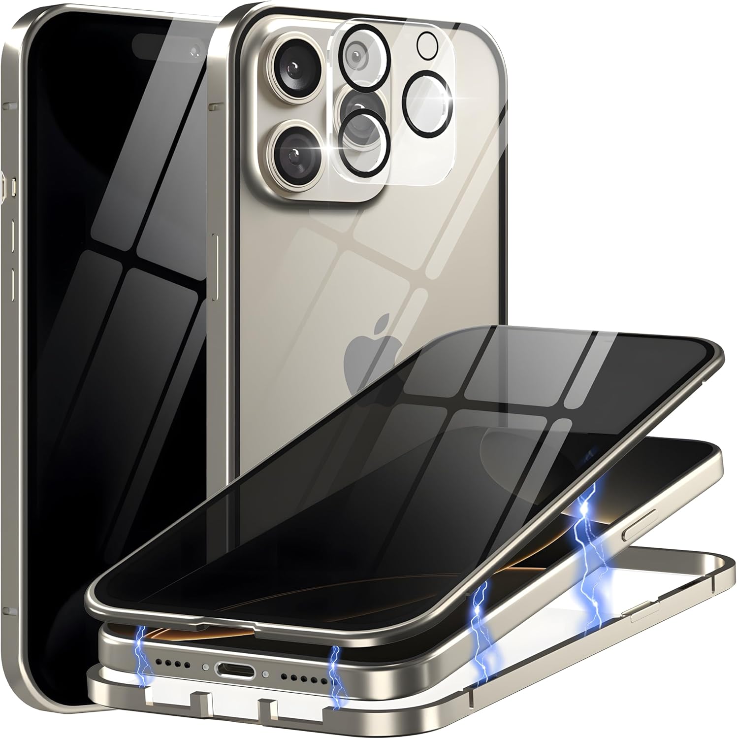 Privacy Magnetic Case for iPhone 16 Pro with Metal Titanium Frame Privacy Screen Protector & Camera Lens Protector, Magnetic Adsorption Double Sided Glass Case Anti Peep Anti Spy Phone Cover