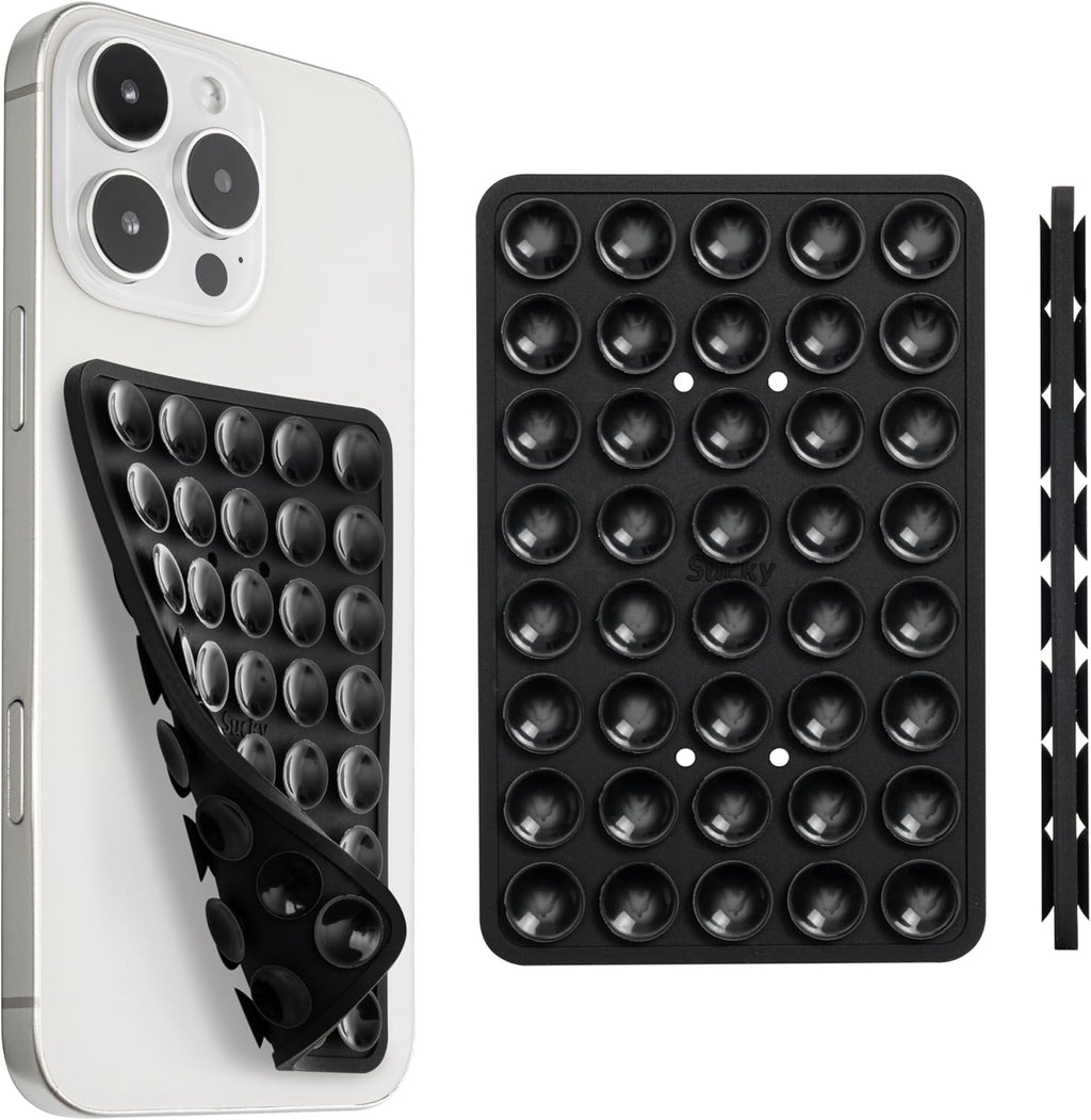 SUCKY Silicone Suction Phone Case Adhesive Mount - Anti-Slip Holder, Hands-Free Fidget Toy, Phone Accessory for iPhone and Android (Deep Black, Double V2)