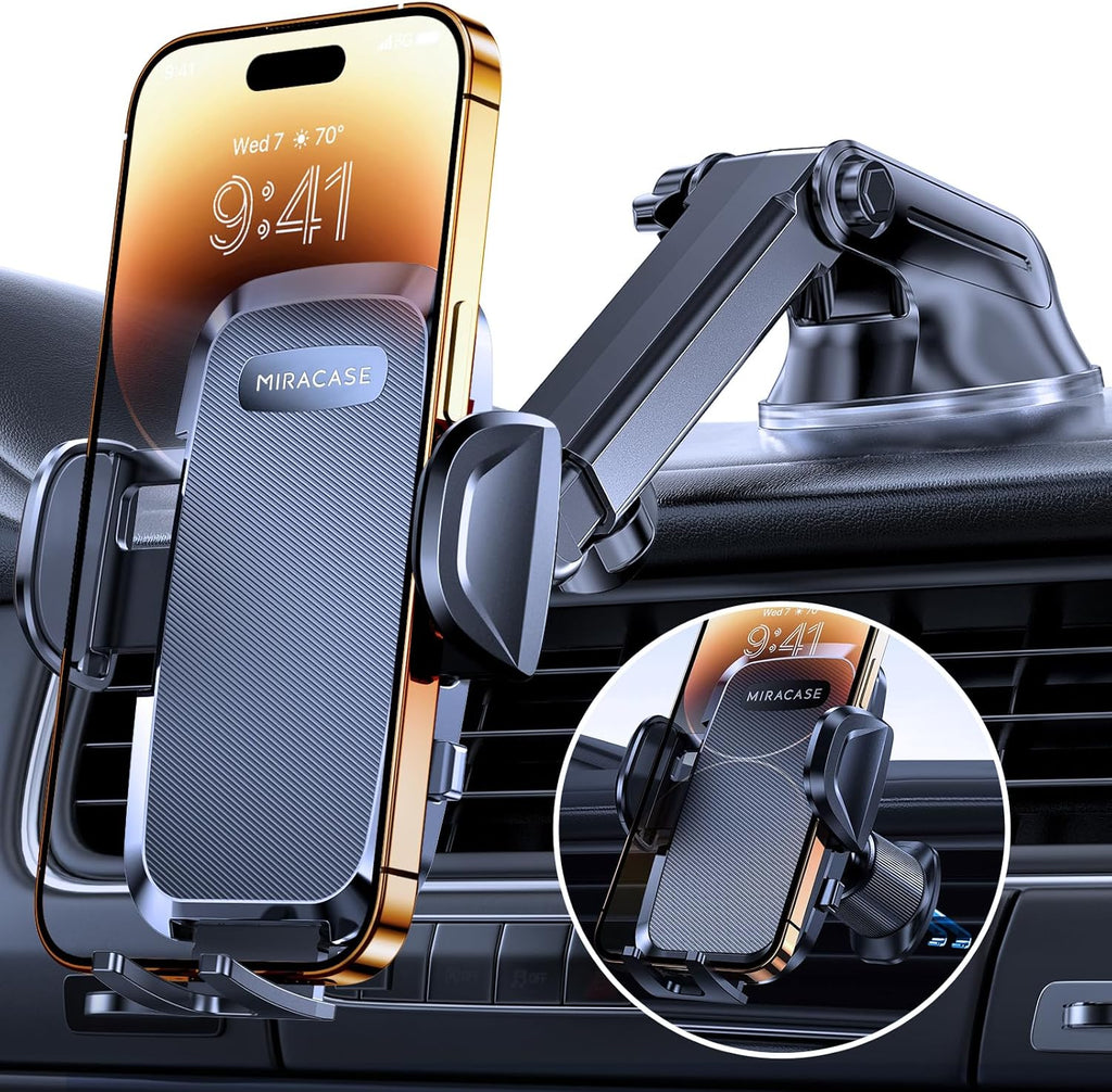 Miracase Phone Holders for Your Car, [Thick Case & Heavy Phone Friendly] Universal Cell Phone Car Mount, 3-in-1 Phone Mount for Car Dashboard Windshield Air Vent Fit for All Smartphones