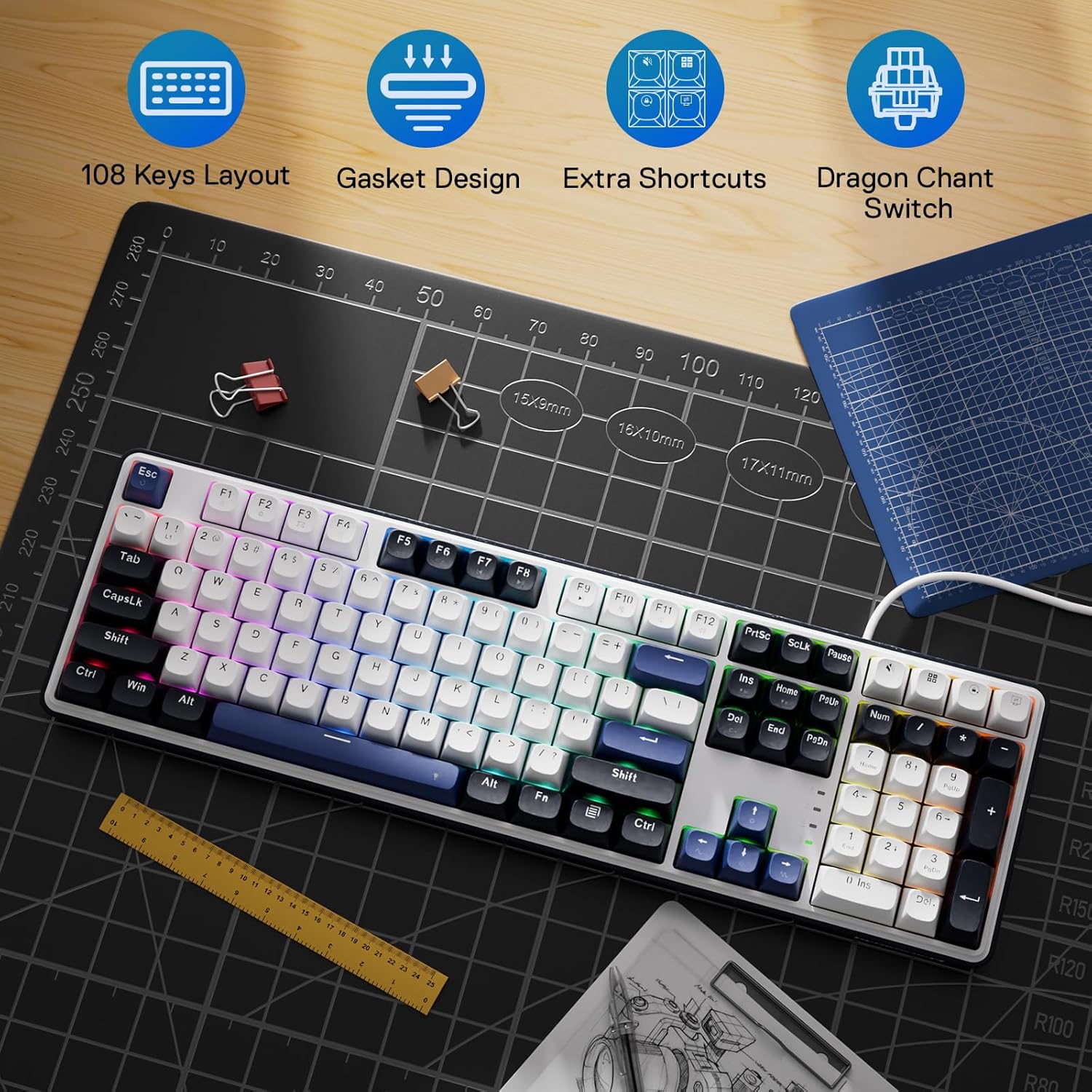 Redragon K689 Wired Gasket RGB Gaming Keyboard, 108 Keys Mechanical Keyboard w/Extra 4 Hotkeys, Upgraded Hot-swappable Socket, 3-Layer Noise Dampening, Mixed Color Keycaps, Custom Linear Switch