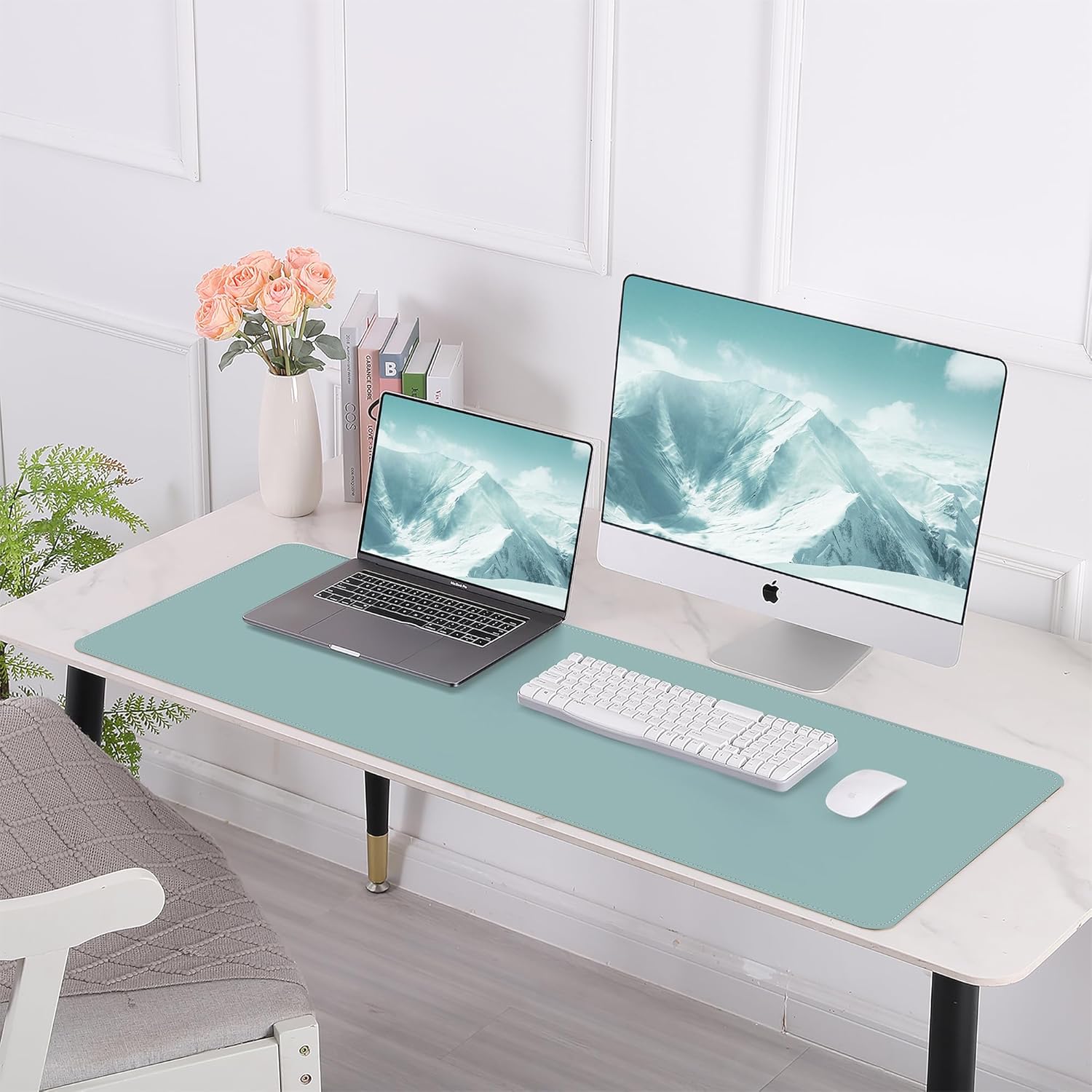Leather Desk pad Protector, Large Desk mat with Natural Cork & PU Leather,Mouse pad,Non-Slip Office Desk Mat,Waterproof Desk Writing Pad for Office and Home (47in*23.7in, Light Blue)