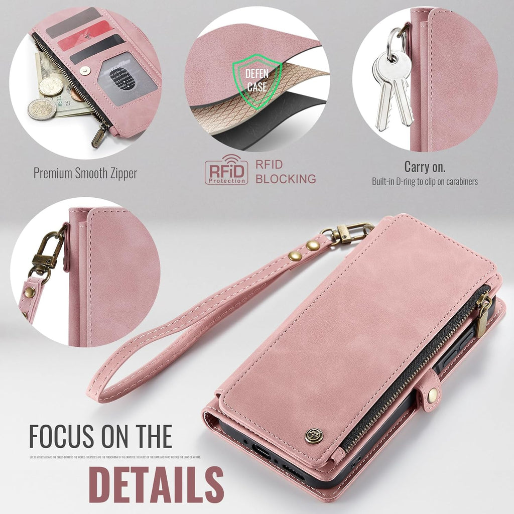 Defencase for Galaxy A26 5G Case Wallet with RFID Blocking Card Holder for Women Men, Fashion PU Leather Magnetic Snap Flip Zipper Wrist Strap Wallet Phone Case for Samsung Galaxy A26 5G, Rose Pink