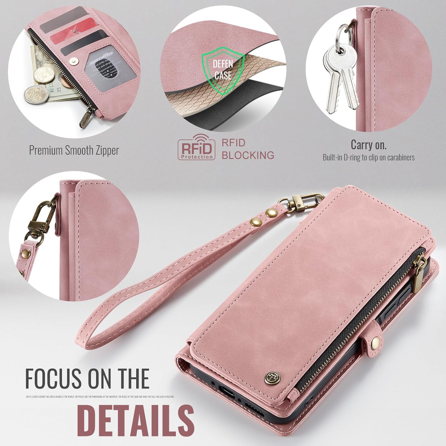Defencase for Galaxy A26 5G Case Wallet with RFID Blocking Card Holder for Women Men, Fashion PU Leather Magnetic Snap Flip Zipper Wrist Strap Wallet Phone Case for Samsung Galaxy A26 5G, Rose Pink