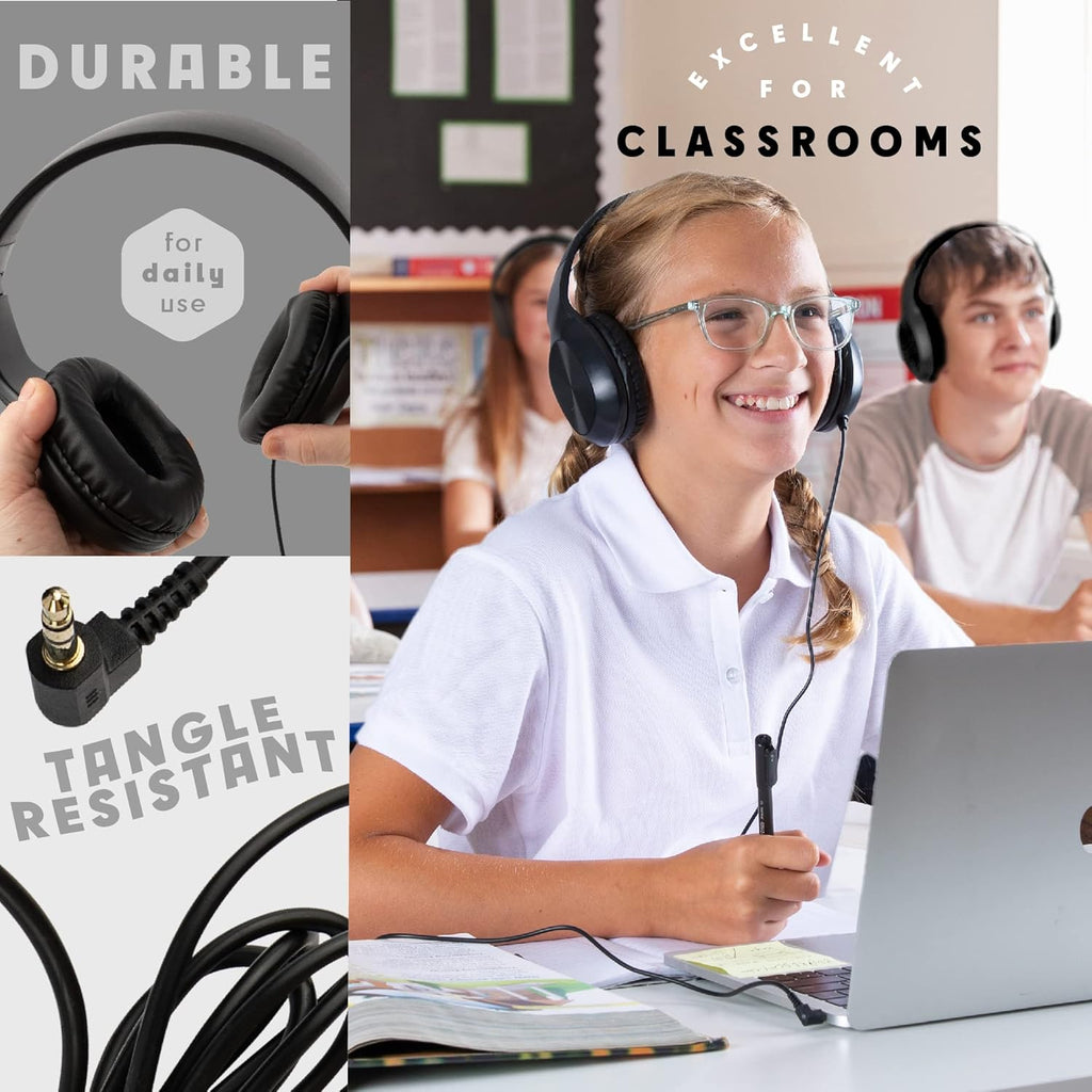 Classroom Headphones-Bulk 10-Pack, with Microphone Student On Ear Comfy Swivel Earphones for Library, School, Airplane, Kids-for Online Learning and Travel, HQ Stereo Sound 3.5mm Jack (Black)