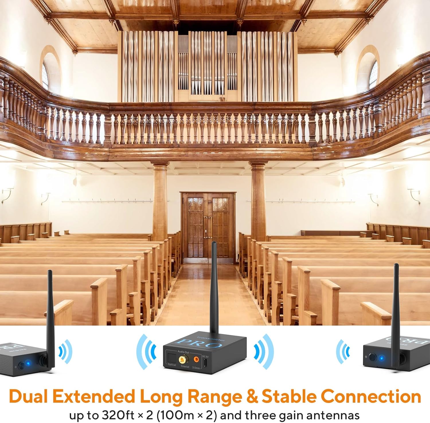 1Mii 3-in-1 2.4Ghz Wireless Audio Transmitter Receiver for 2 Subwoofer/Active Speaker/Power Amplifier, 20ms Low Latency, 320ft Range, Optical/Coaxial/3.5mm(RCA) Audio Input/Output