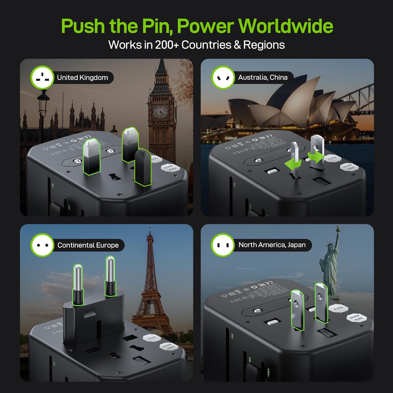 EPICKA Pulse 45W European Travel Plug Adapter, Universal Power Adapter with PD Fast Charging, 5-Port (1 AC/2 USB-A/2 USB-C) International Charger Adapter for Europe, Japan - Travel Essentials (Black)