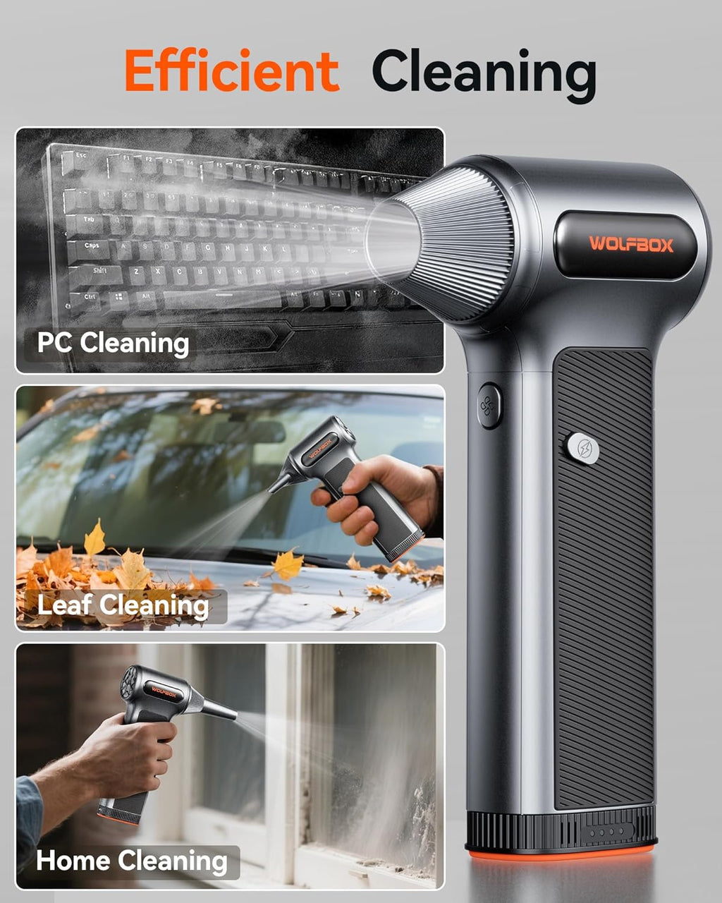 WOLFBOX MF200 Electric Air Duster with Removable Battery & 4 Nozzles, Cordless 3-Speed Adjustable Mini Blower for Computer Keyboard, Car Cleaning, Home, and Outdoor Use