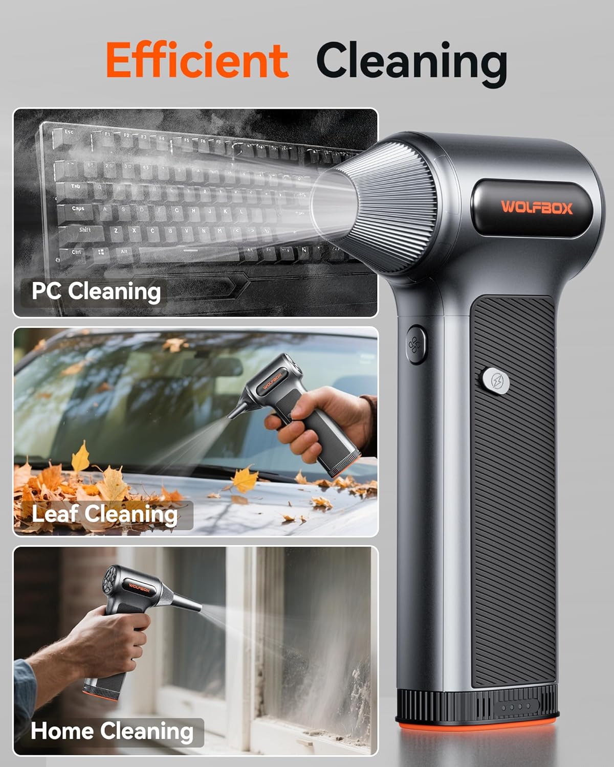 WOLFBOX MF200 Electric Air Duster with Removable Battery & 4 Nozzles, Cordless 3-Speed Adjustable Mini Blower for Computer Keyboard, Car Cleaning, Home, and Outdoor Use